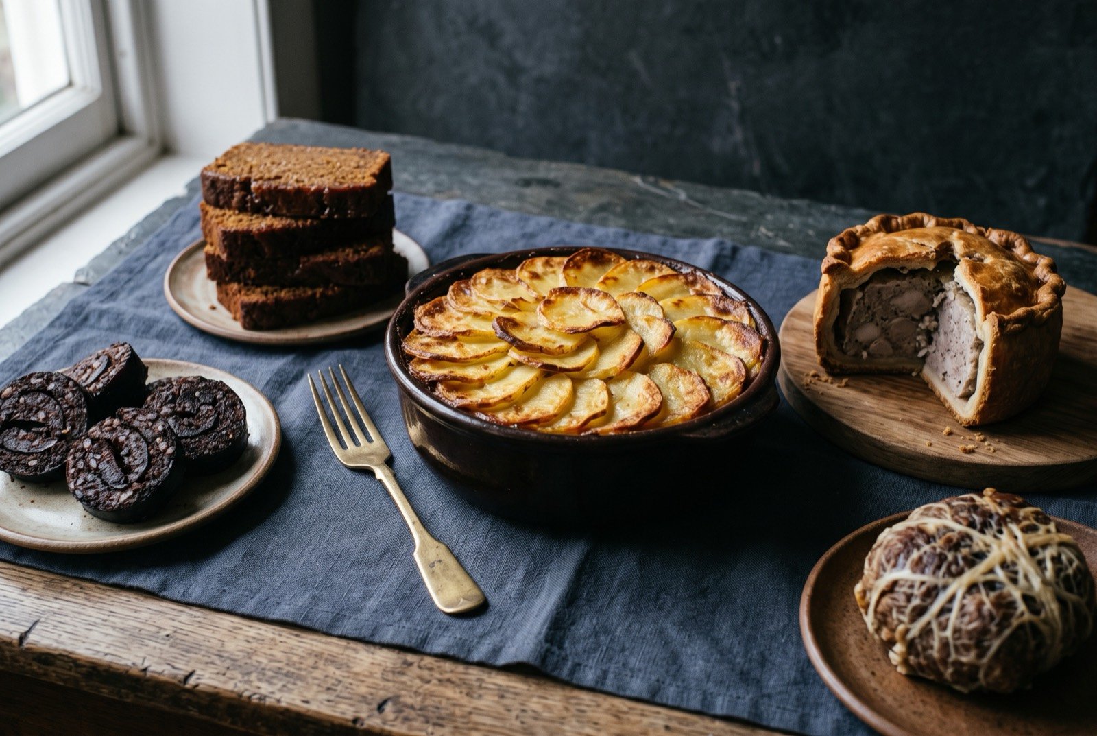 The England, the North and the Midlands table: a wide dark slate table seen from above, a hotpot dish with its golden crisped potato crust at the centre beside a hand raised pork pie cut open to show grey chopped pork and jelly.