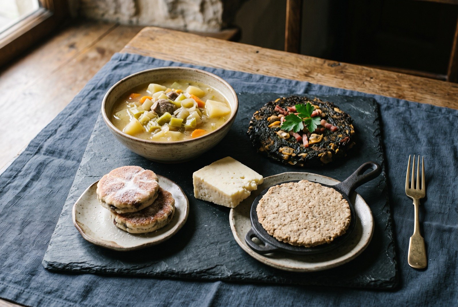 The Wales table: a wide dark slate table seen from above, a bowl of pale golden cawl at the centre beside a dark patty of laverbread with cockles and bacon.