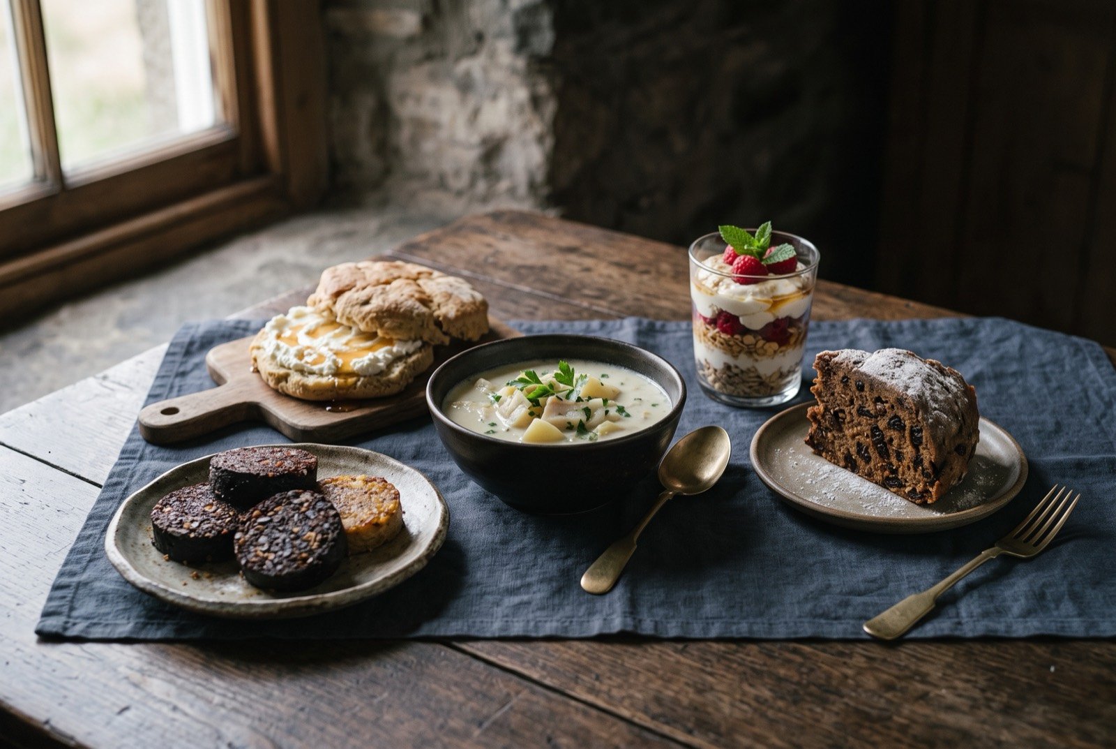 The Scotland, the Highlands and Islands table: a wide dark wooden table seen from above, a bowl of pale cullen skink beside a wedge of dark speckled clootie dumpling, a tall glass of layered cranachan.