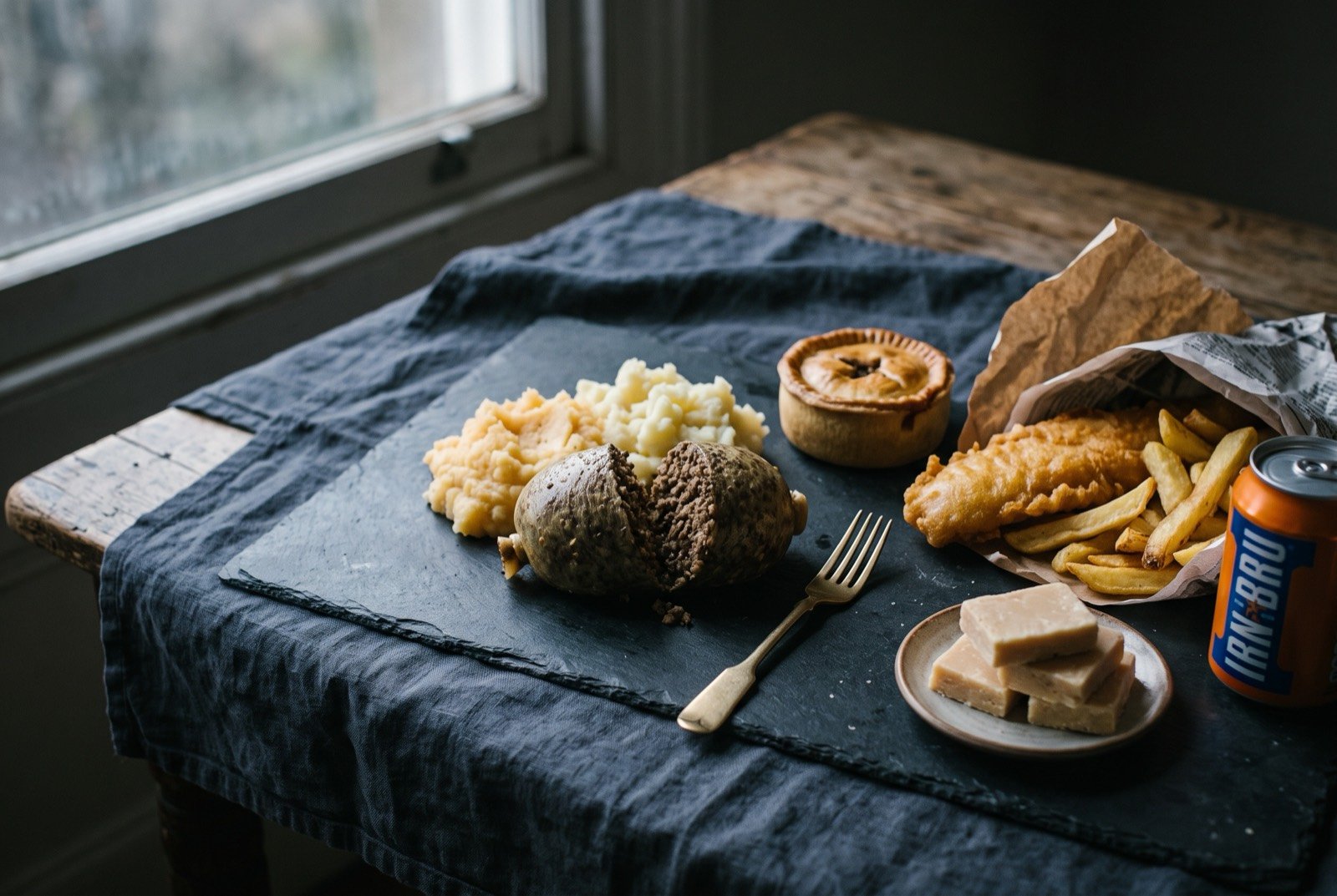 The Scotland, the Lowlands and the Central Belt table: a wide dark slate table seen from above, a split haggis beside pale mashed neeps and tatties at the centre, a small upright Scotch pie and a golden fish supper wrapped in paper to one side.