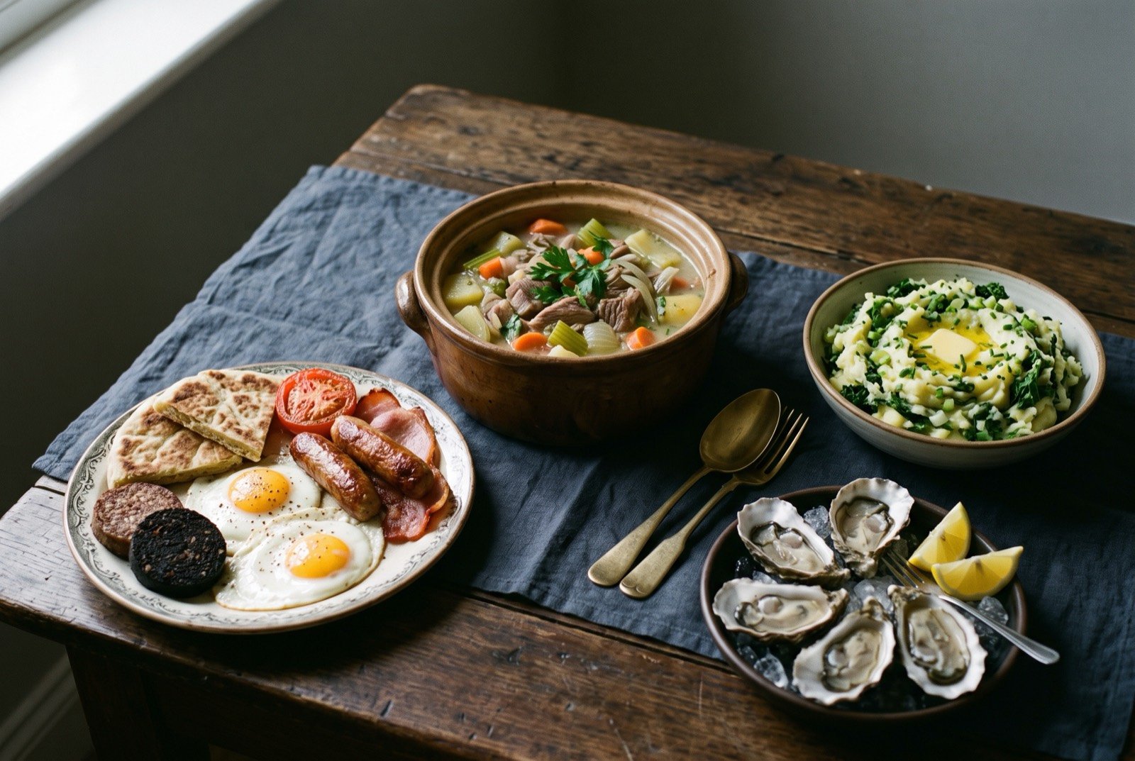The Ireland table: a wide dark wooden table seen from above, a pot of pale mutton stew at its centre beside a bowl of buttery kale-flecked colcannon.