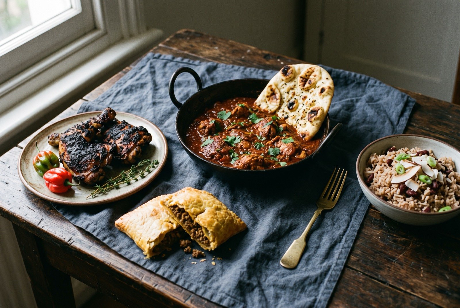 The new British table: a wide dark wooden table seen from above, a blackened balti pan of brick red chicken curry beside a torn piece of charred naan.