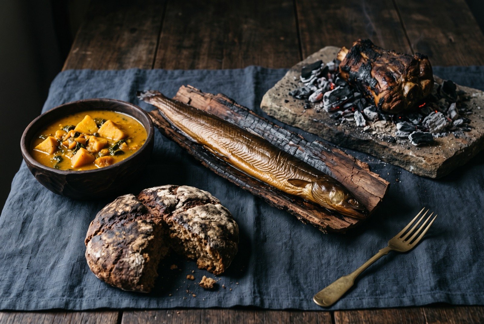 The Aboriginal and Torres Strait Islander table: a wide dark wooden table seen from above, a whole bronze smoked eel at its centre, a charred kangaroo tail resting among embers to one side.