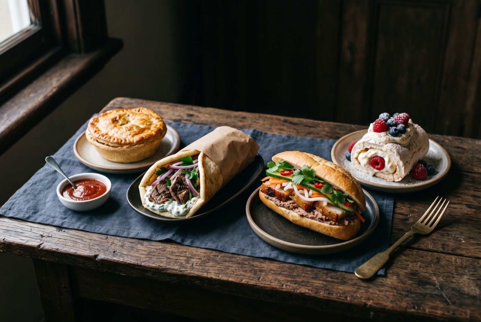 The Settler and Modern Australia table: a wide dark wooden table seen from above, a whole meat pie with tomato sauce, a folded souvlaki wrap, a split banh mi roll.