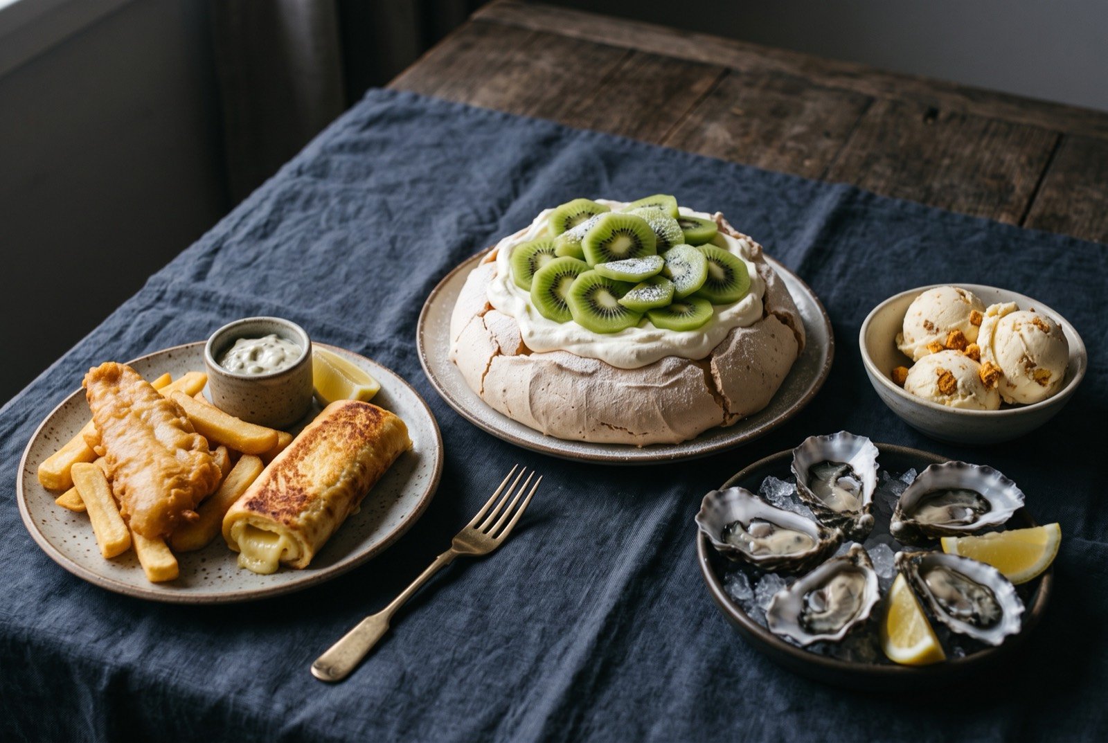 The Aotearoa, general New Zealand table: a wide dark wooden table seen from above, a single-layer pavlova with a soft marshmallow centre topped with cream and kiwifruit at the centre.