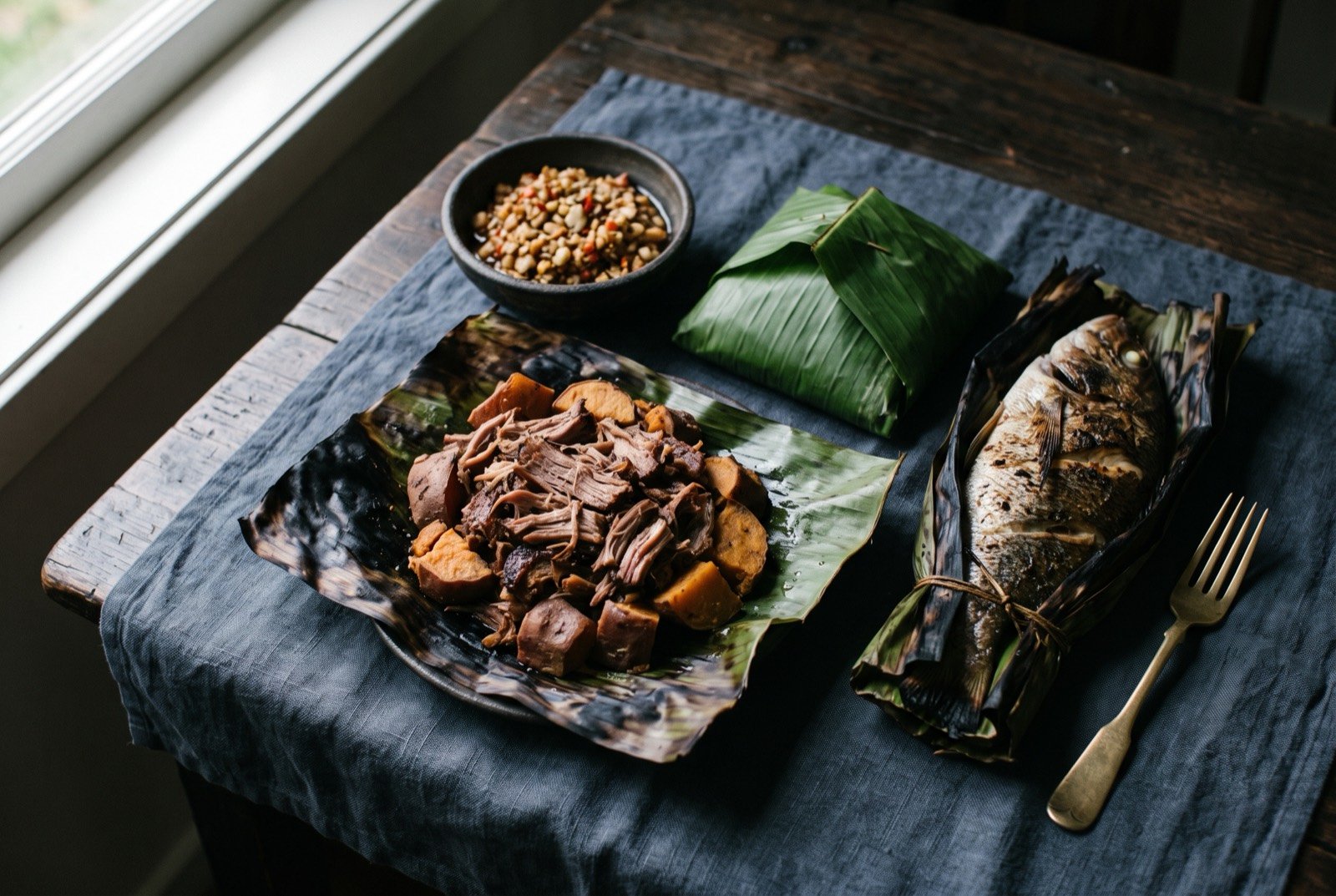 The Papua New Guinea table: a wide dark wooden table seen from above, a mound of pulled pork and sweet potato on a charred banana leaf, a small parcel of sago wrapped in leaf beside it.