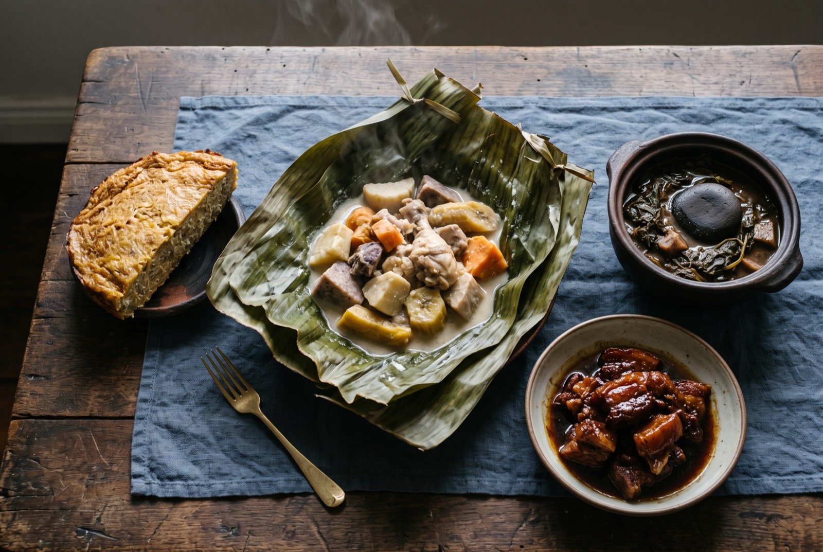 The Solomon Islands, Vanuatu and New Caledonia table: a wide dark wooden table seen from above, a large opened banana leaf parcel of bougna at its centre with visible root vegetables and chicken in pale coconut sauce.