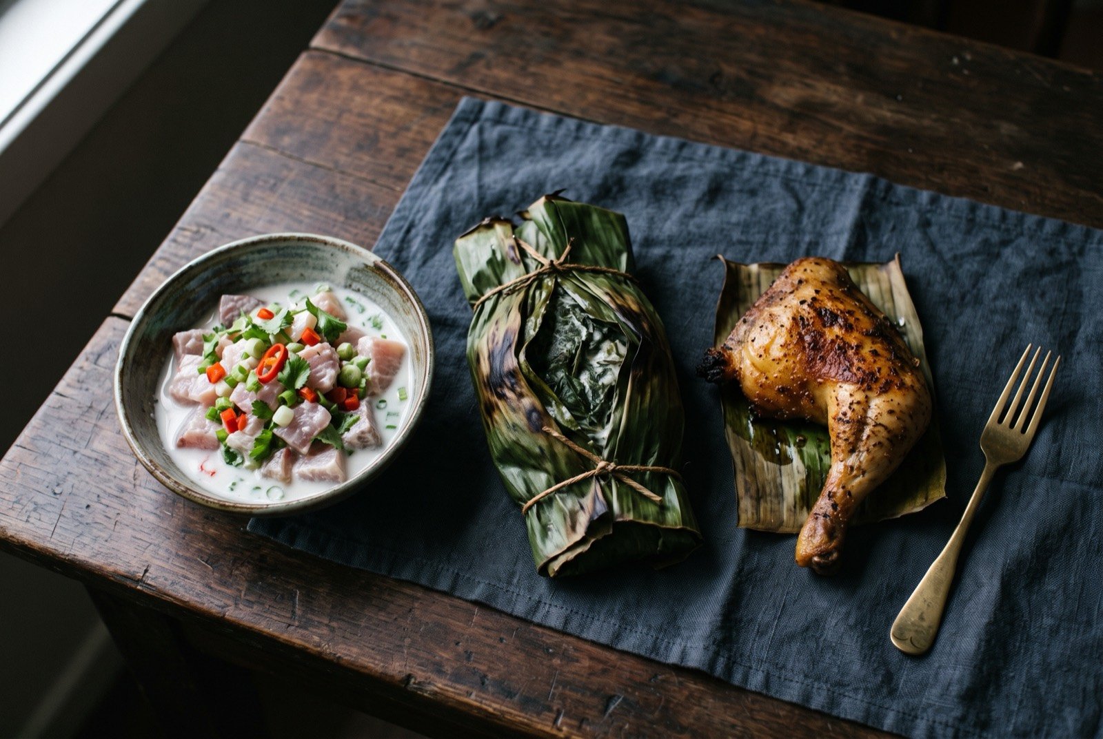 The Fiji table: a wide dark wooden table seen from above, a bowl of kokoda raw fish marinated in coconut cream and lime, a banana leaf parcel of palusami with visible taro leaf.