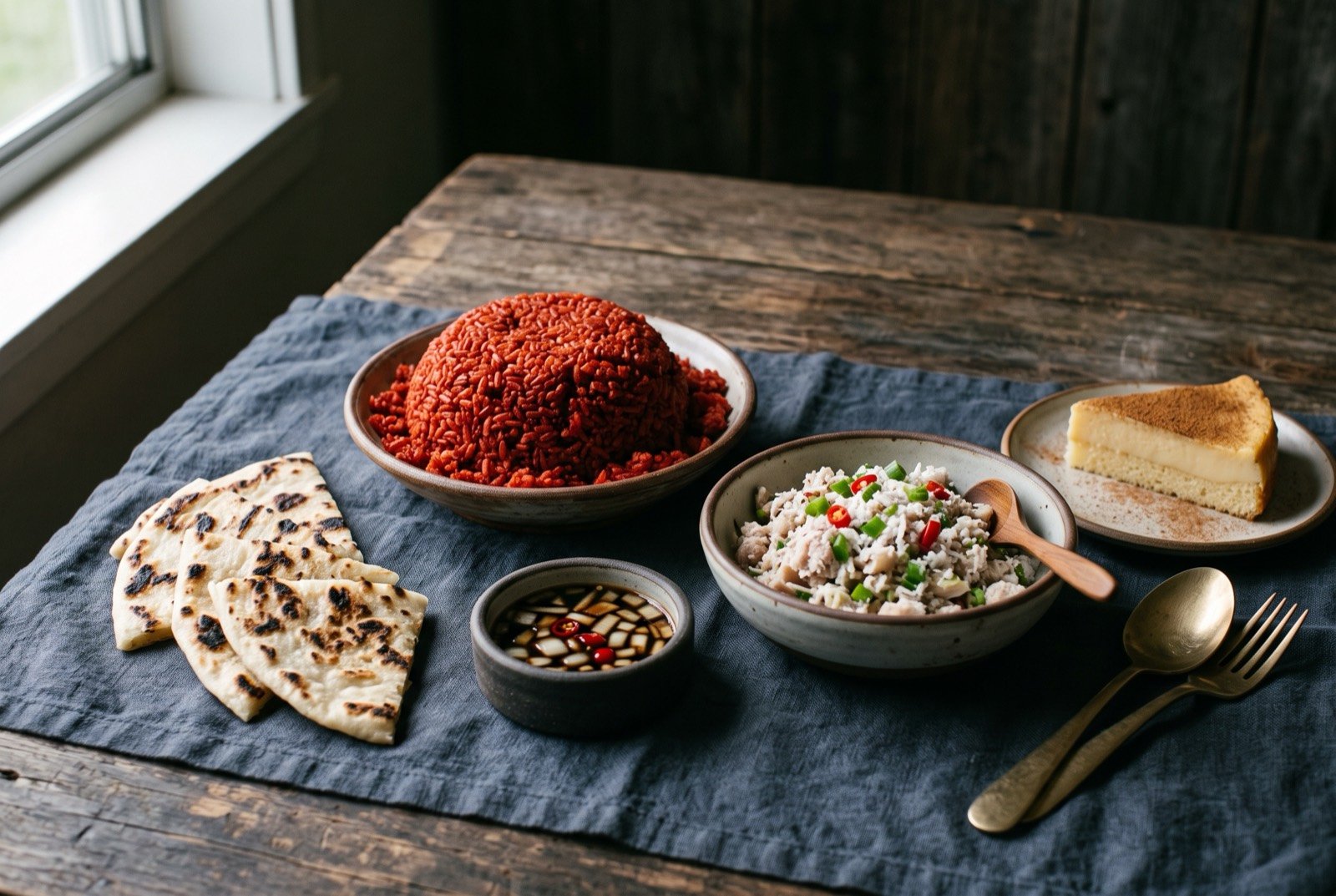The Guam and Northern Mariana Islands table: a wide dark wooden table seen from above, a mound of deep red achote stained rice at the centre, a bowl of lemon cured kelaguen chicken with grated coconut beside it.