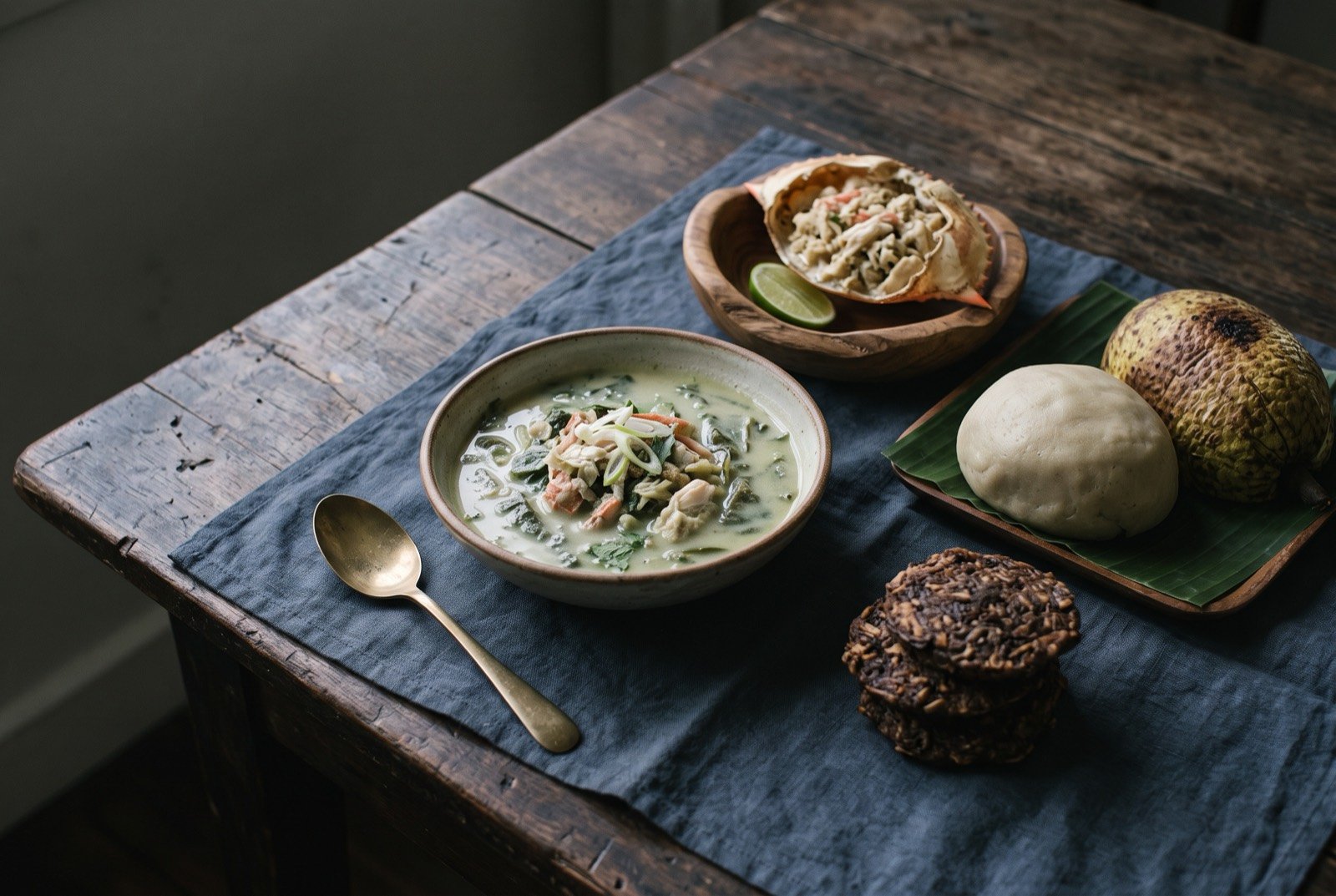 The Palau and Federated States of Micronesia table: a wide dark wooden table seen from above, a shallow bowl of pale green demok taro leaf and crab soup at the centre, a dish of ukaeb crab meat bound in coconut cream resting in its shell.