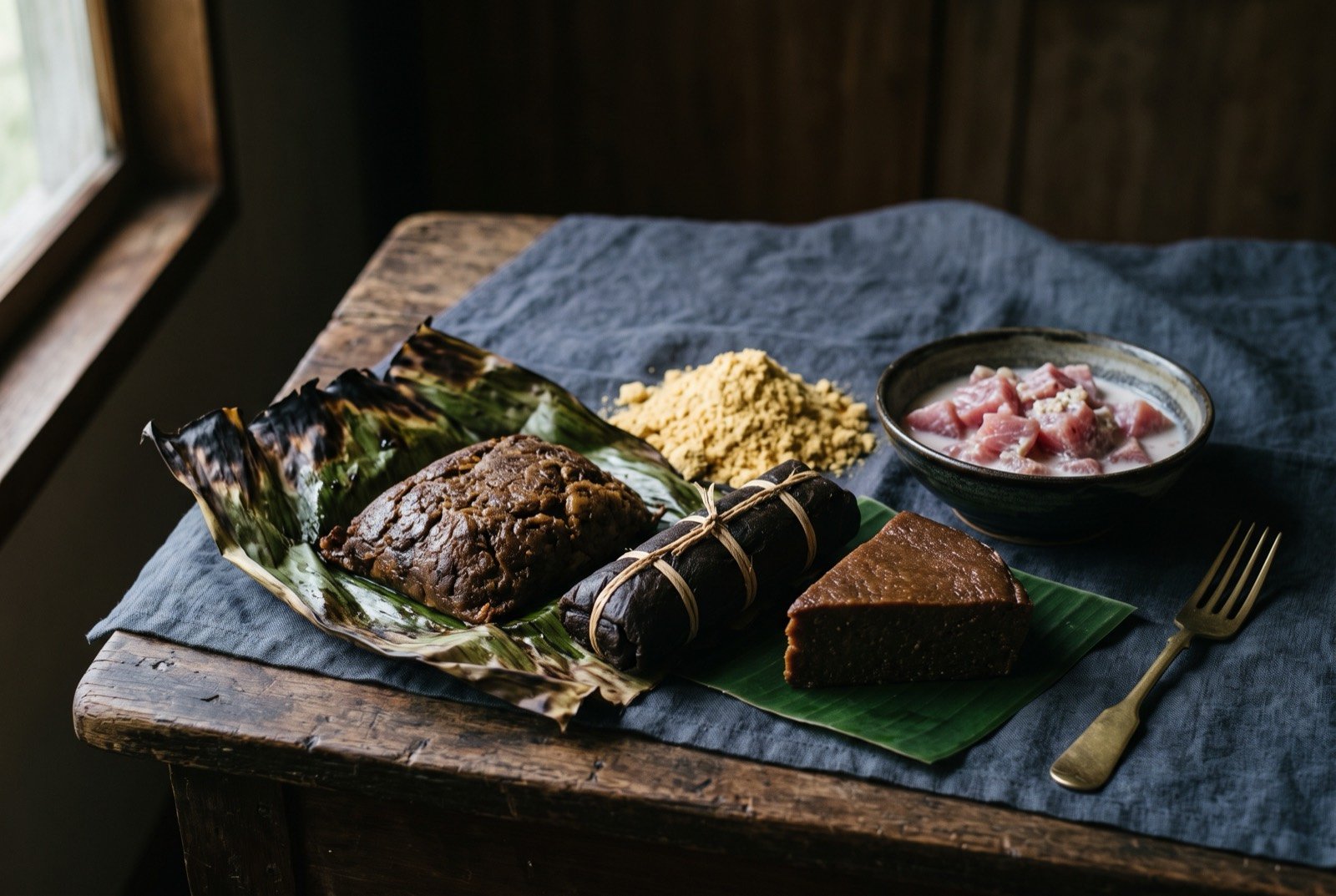 The Marshall Islands, Kiribati and Nauru table: a wide dark wooden table seen from above, a scorched banana leaf parcel of bwiro fermented breadfruit unwrapped at its centre.