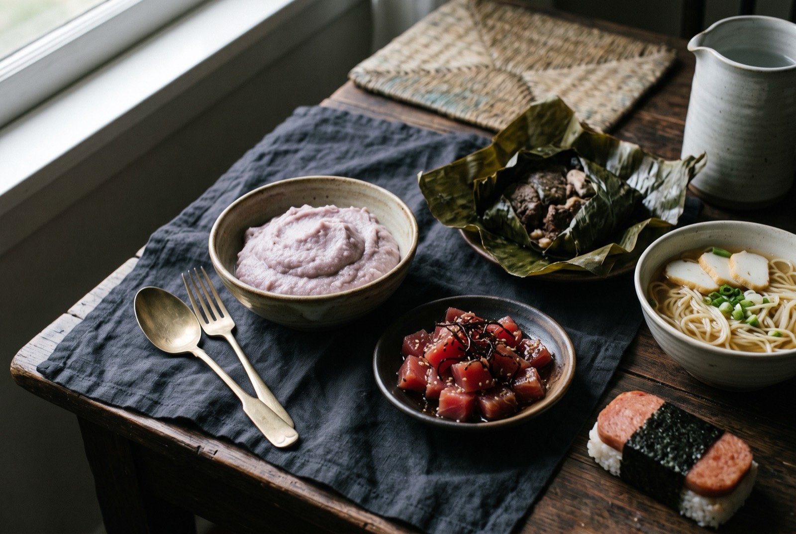 The Hawaii table: a wide dark wooden table seen from above, a mound of pale grey poi in a plain bowl beside a small dish of ruby red ahi poke flecked with dark seaweed.