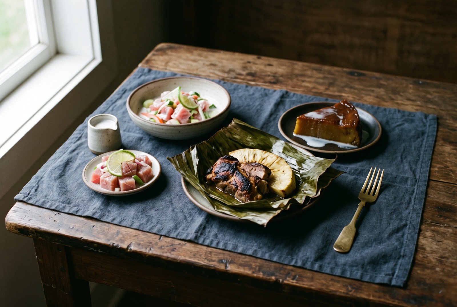 The Tahiti, the Society Islands and the Cook Islands table: a wide dark wooden table seen from above, a bowl of pale pink poisson cru beside scored raw fish ika mata with a small jug of coconut cream.
