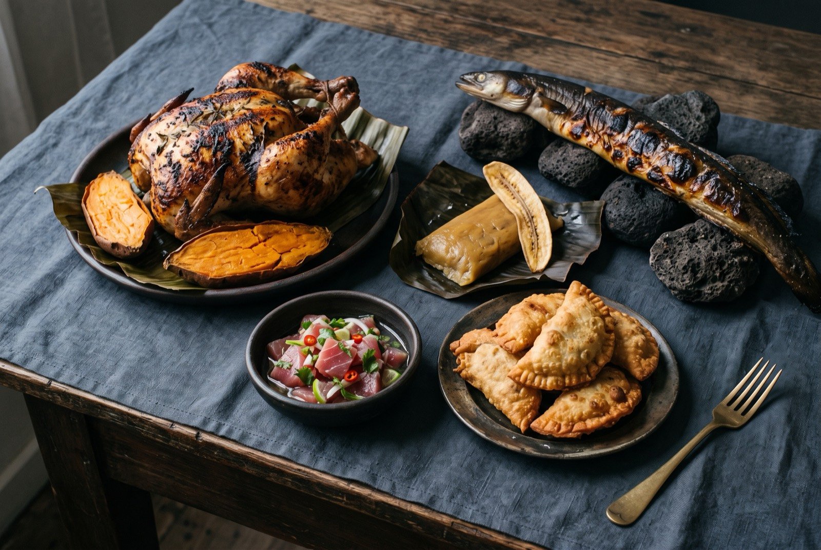 The Rapa Nui table: a wide dark wooden table seen from above, a whole earth-oven roasted chicken beside halved kumara, a charred whole eel on dark stones.