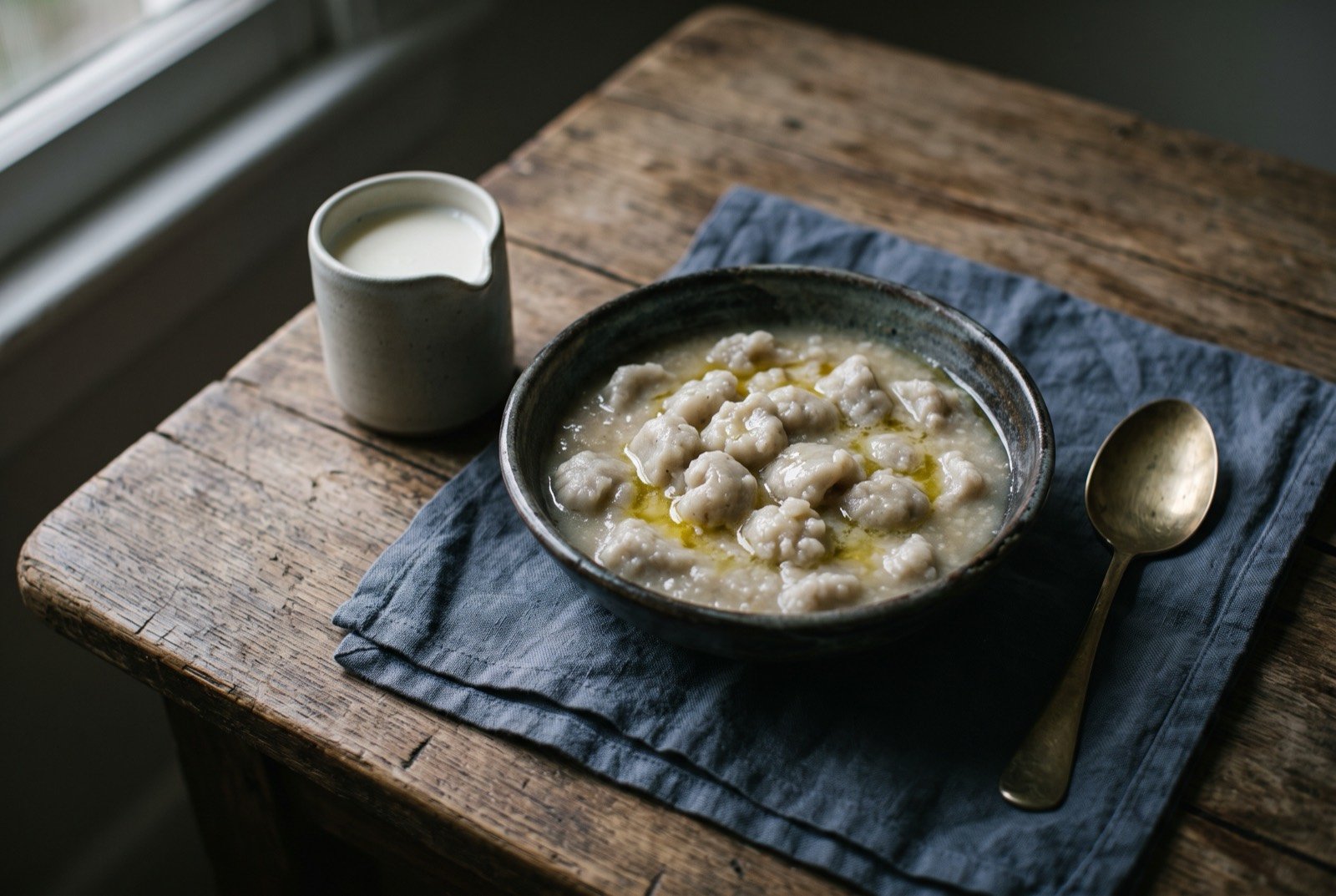 Walwal: Small hand rolled pearls of fermented maize and sorghum dough, irregular and pale grey white, cooked until the liquid around them has thickened to a cloudy porridge. Glossed with ghee.