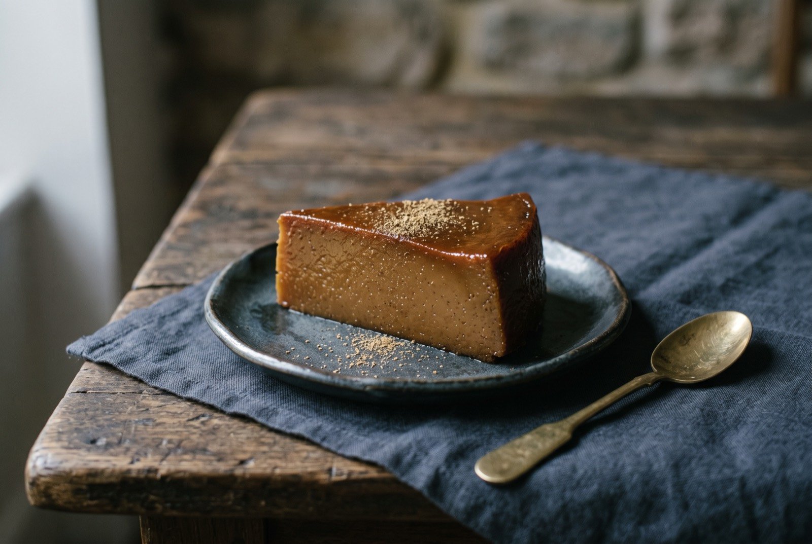 Wattalapam, a dense steamed coconut and jaggery custard: a wedge of dark caramel-brown, glossy, dense custard on a small plate, its cut surface smooth and faintly speckled, a light dusting of ground cardamom visible on top.