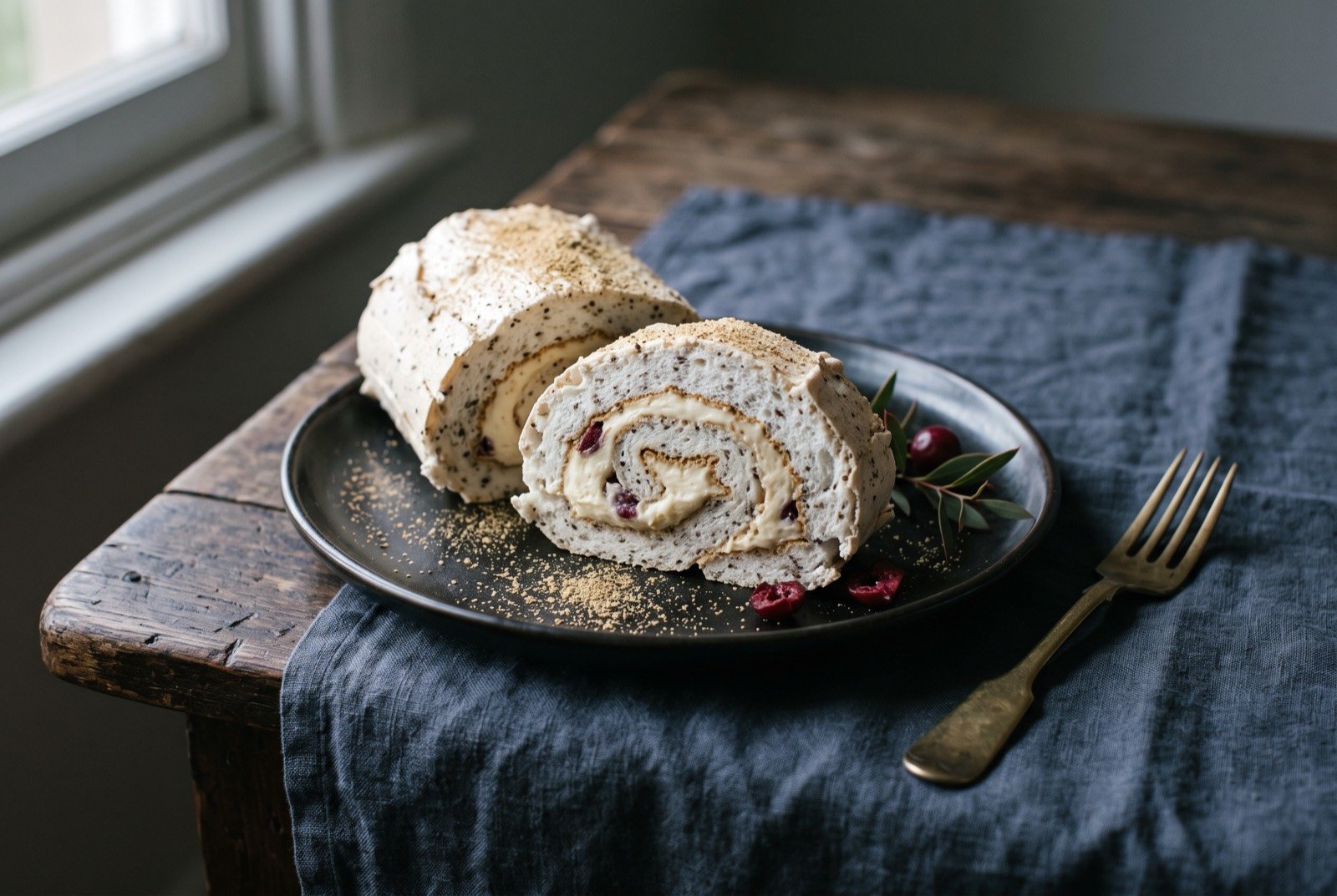 Wattleseed pavlova, a rolled meringue folded with roasted wattleseed: a rolled meringue log dusted pale brown from roasted ground wattleseed folded through the mix, sliced on the diagonal to reveal a tight spiral of cream inside against the pale speckled meringue.