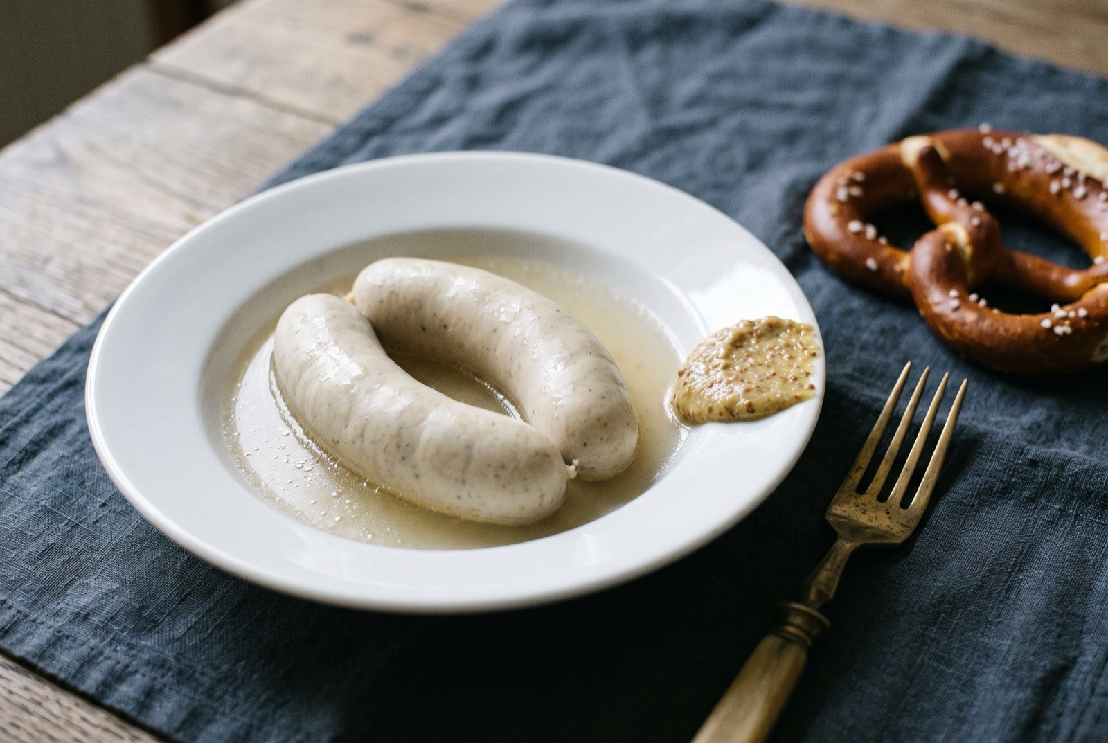 Weisswurst, a pale poached veal and pork sausage: two plump pale ivory white sausages, skins glistening from poaching, resting in a shallow pool of clear broth in a white bowl.