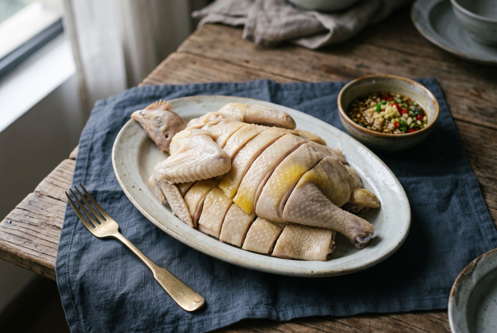 Wenchang chicken, coconut-foraged poultry poached whole and reassembled at the table: sliced pale poached chicken reassembled into the shape of a whole bird on an oval plate, a thin layer of yellow fat visible beneath the taut skin.