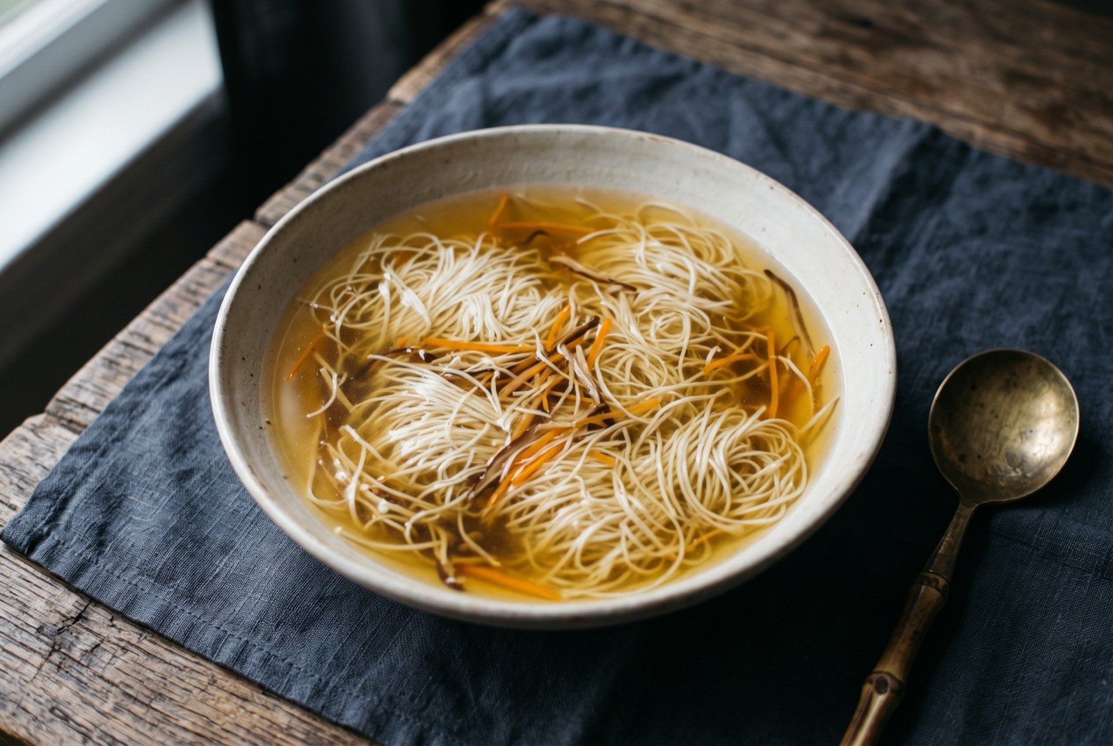 Wensi tofu, tofu cut into thousands of hair-thin threads suspended in clear broth: a wide shallow bowl of perfectly clear golden broth, fine white tofu threads billowing and suspended mid-drift through the liquid alongside matching hair-thin threads of orange carrot and brown mushroom.