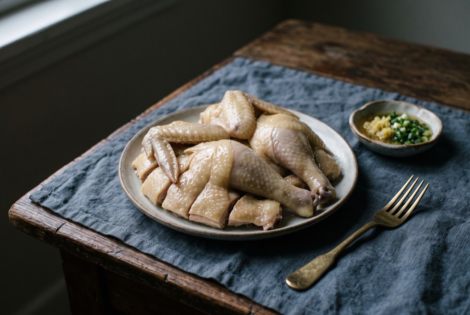 Baiqie gai, white-cut chicken poached and shocked in ice to a taut, jellied skin: a plate of pale, glistening poached chicken pieces reassembled into the shape of a whole bird, the skin taut and faintly translucent.