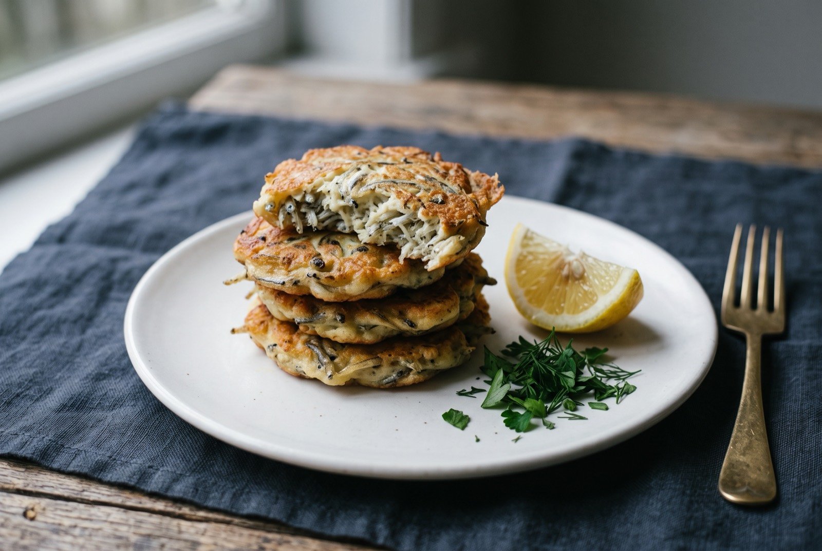 Whitebait fritters, egg bound īnanga patties: several small golden brown fritters stacked on a plain white plate, tiny silver fish visible bound within the pale egg batter at the torn edge of the top fritter.