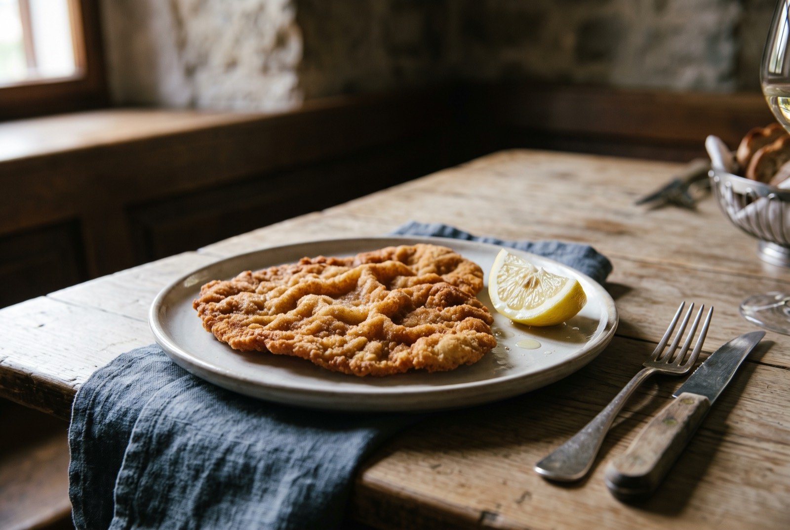 Wiener Schnitzel, a breaded veal cutlet: a large, thin, deep golden breaded veal cutlet with a visibly blistered, wavy crust separated slightly from the meat beneath.