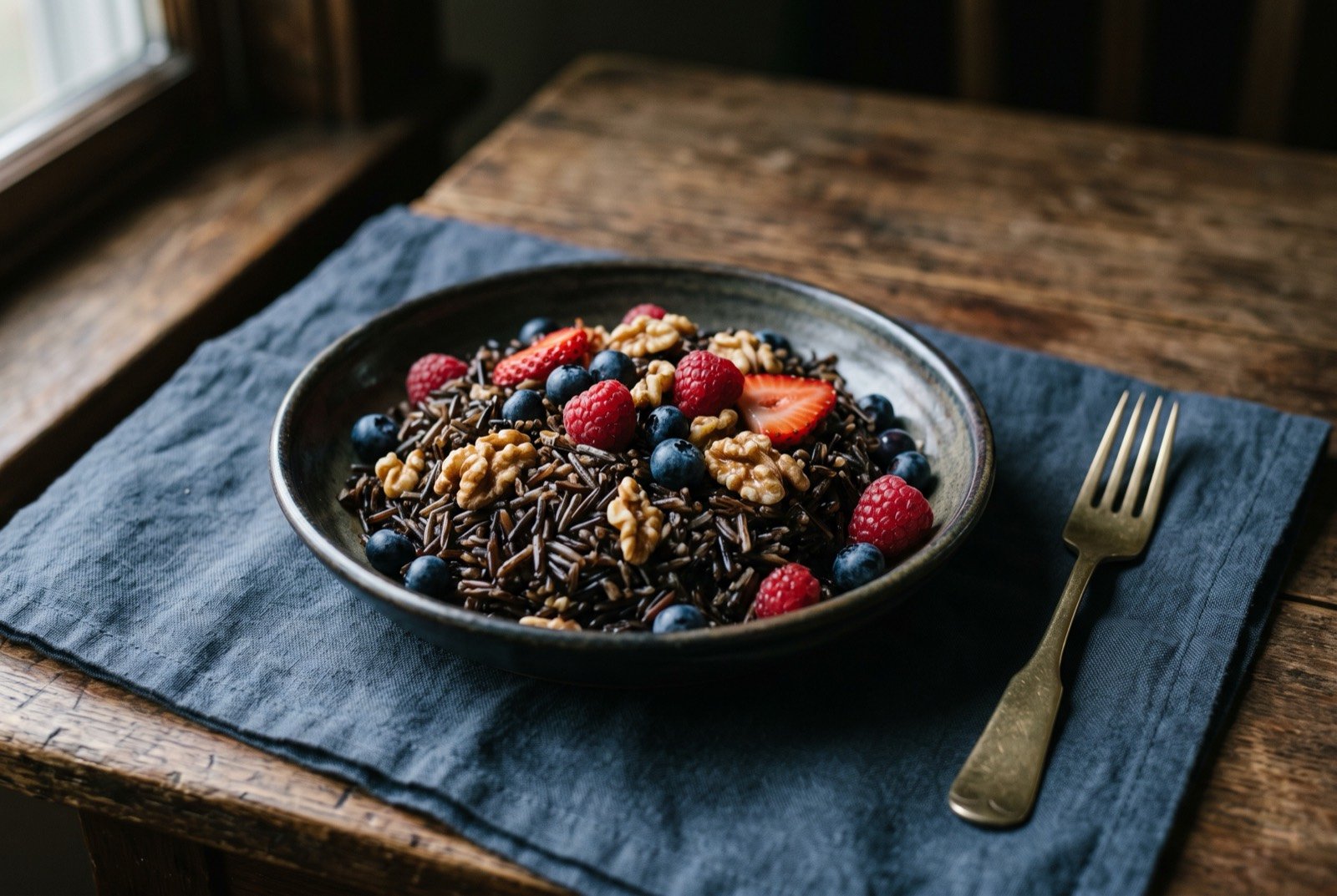 Wild rice with maple and berries, a Menominee harvest dish: a shallow bowl of dark, slender cooked wild rice studded with blueberries, raspberries and sliced strawberries, a few walnut pieces scattered on top.