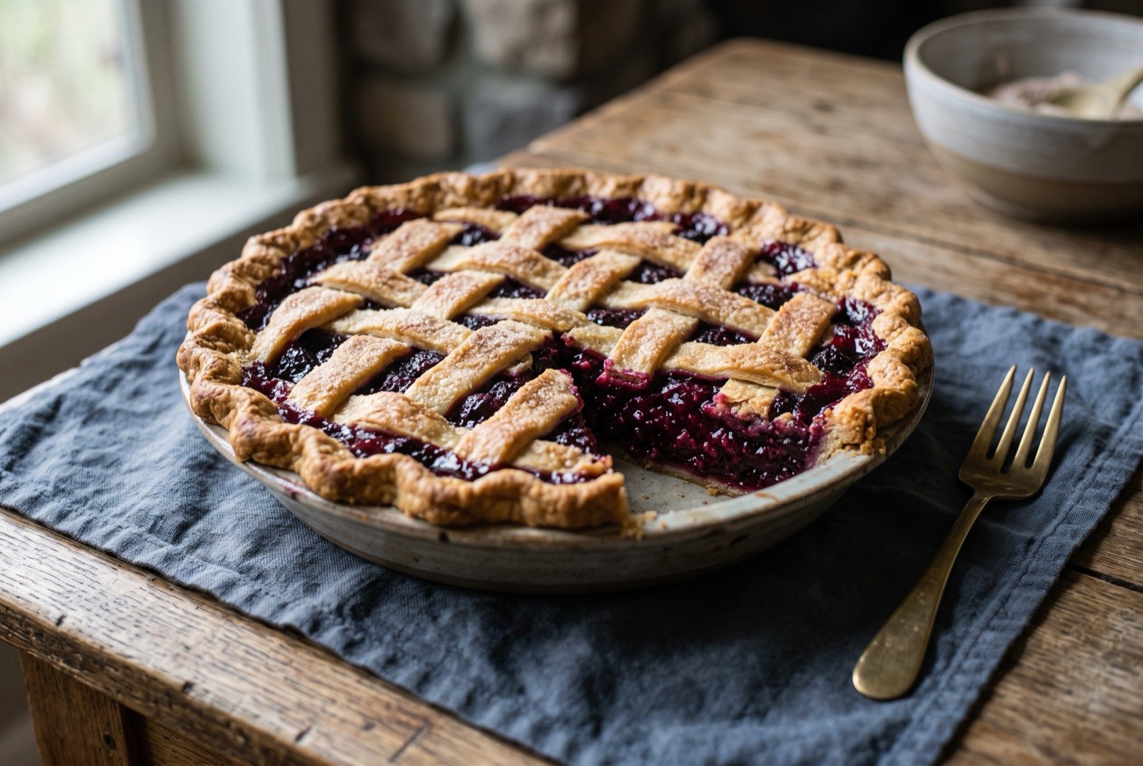 Willamette Valley marionberry pie, a deep purple berry pie in a butter crust: a golden, lattice-topped pie with a slice lifted away, revealing a thick, glossy deep purple marionberry filling bubbling slightly at the edges.