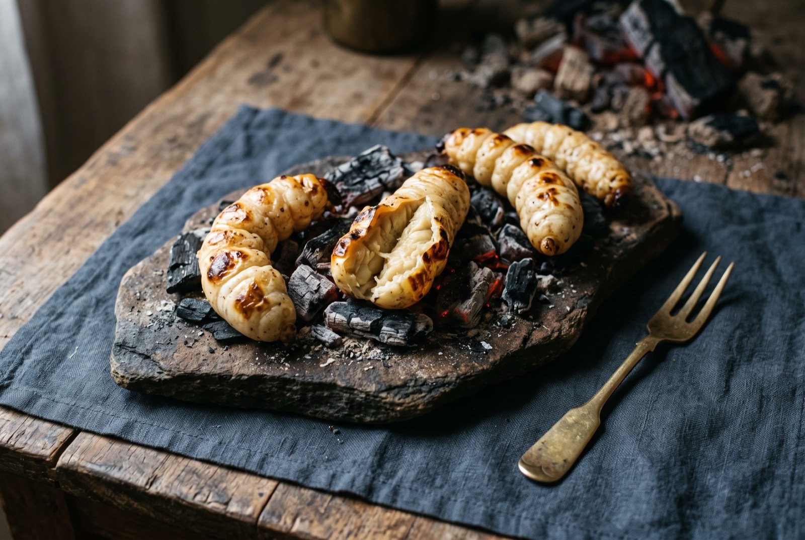 Maku, witchetty grub roasted briefly on hot coals: several pale golden, plump grubs lying on a flat dark stone set among glowing coals, their skins lightly blistered and taut.