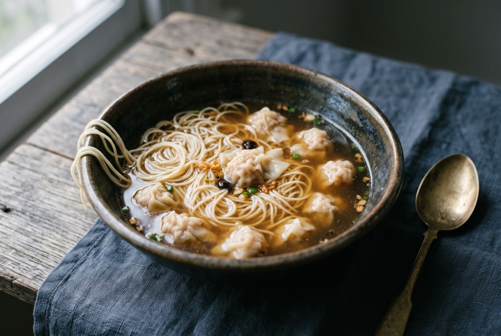 Wantan min, bamboo-pole egg noodles with prawn and pork wontons in clear broth: a deep bowl of thin pale egg noodles coiled beneath a scatter of small plump wontons in clear amber broth, a few strands of noodle draped loosely over the bowl's edge.