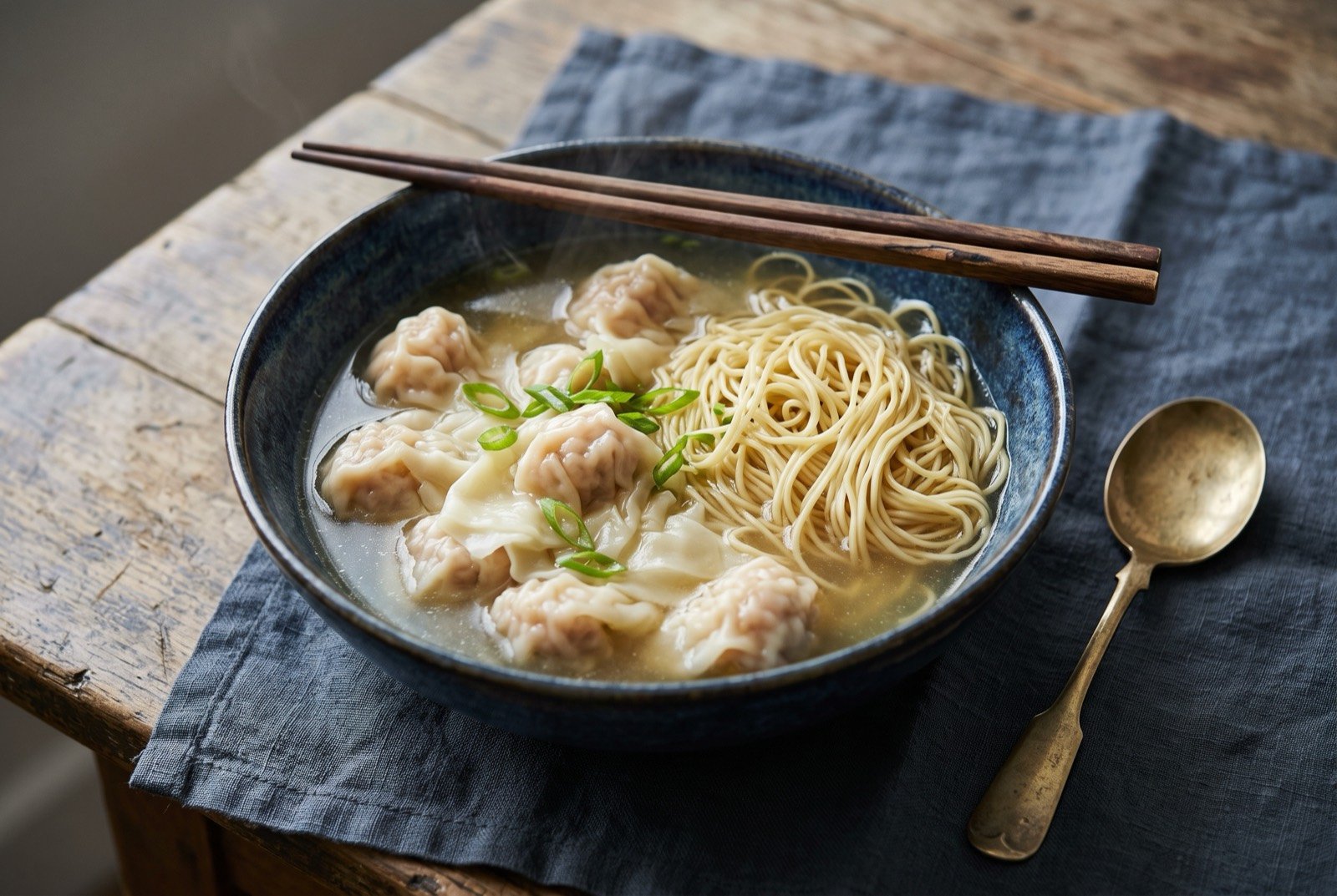 Wonton noodle soup, shrimp and pork wontons with thin egg noodles in clear broth: a deep bowl of pale golden clear broth, a tangle of thin, springy egg noodles mounded on one side, a cluster of plump translucent wontons visible beneath the broth on the other.