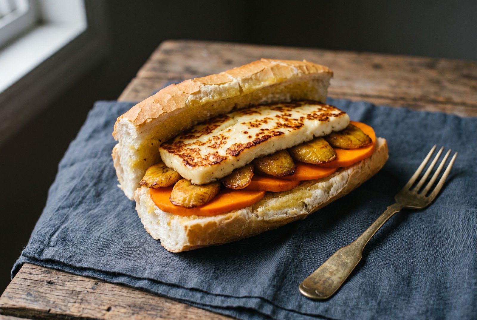 X-caboquinho, a Manaus street sandwich of tucuma, fried plantain and grilled cheese: a split length of French bread filled with thin orange slices of tucuma, golden fried plantain and a thick slab of melted queijo coalho.