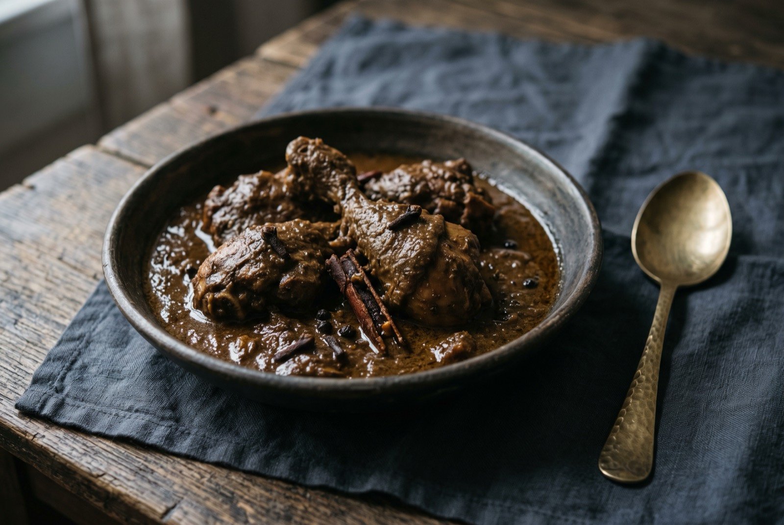 Xacuti, chicken in a dark roasted spice and coconut gravy: chicken pieces in a deep matte brown, roasted coconut gravy, distinctly duller and darker than a bright red curry, a few whole cloves and a cinnamon stick visible at the surface.