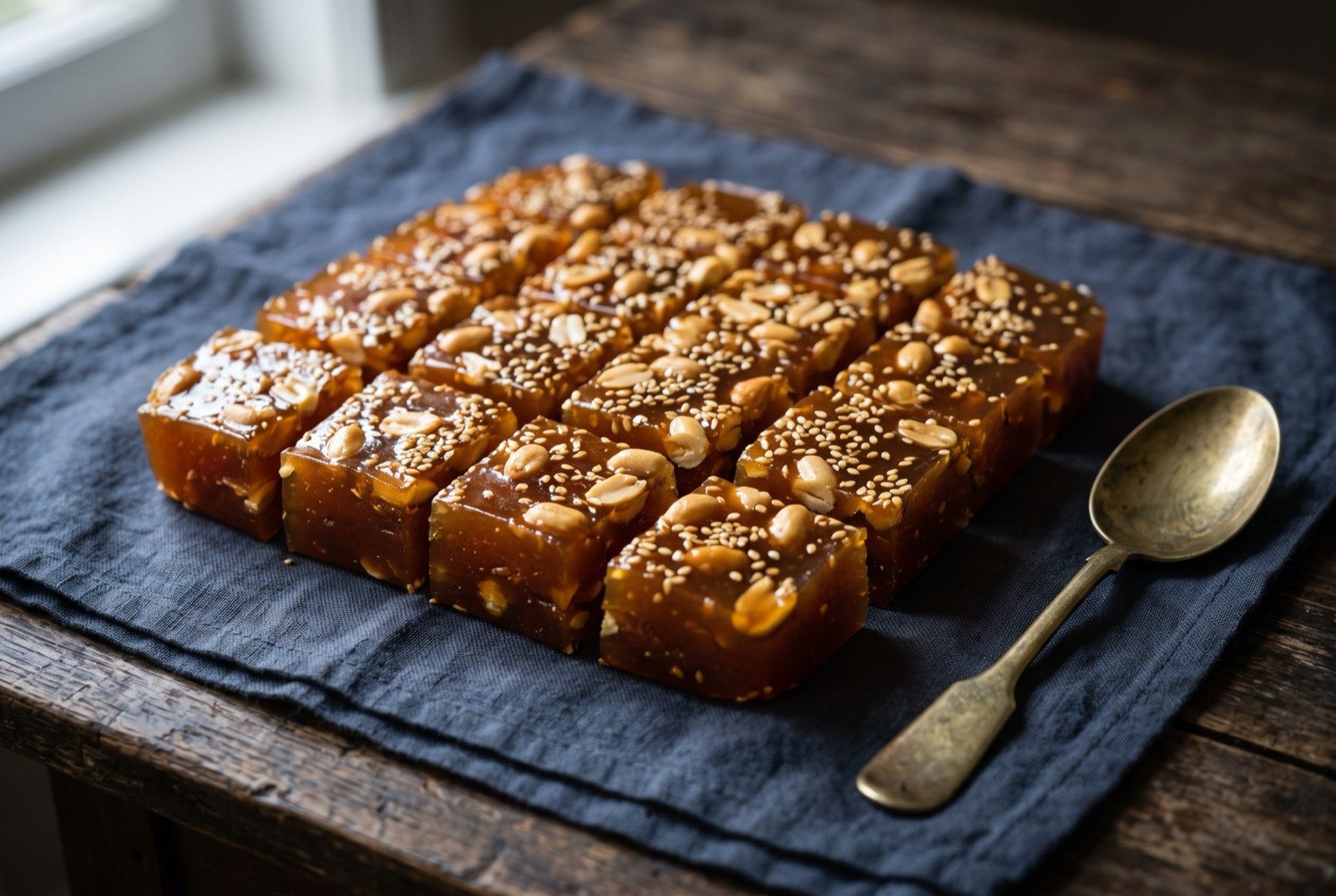 Xalwo: A firm translucent amber jelly, glossy and faintly sticky, cut into squares with a wet knife so the cut faces are clean and shining. Whole roasted peanuts and sesame seeds are set into the surface.