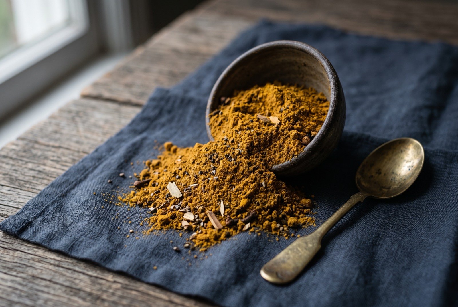 Xawaash: A mound of finely ground spice blend, warm ochre yellow where raw turmeric has been folded through darker cumin and coriander.