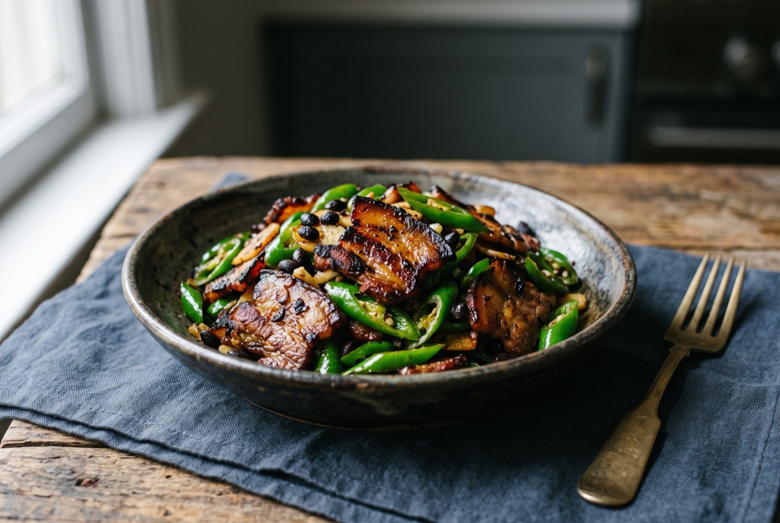 Xiaochao rou, pork belly seared hard and stir-fried with green chilli: thin slices of pork belly with deeply charred, blistered edges, tossed with bright green chilli sliced on the diagonal and dark fermented black beans.