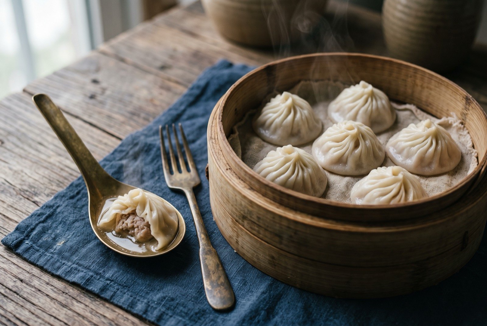 Xiaolongbao, Shanghai soup dumplings pleated at least fourteen times: a bamboo steamer basket lined with cloth holding a tight cluster of pale, delicately pleated soup dumplings, one dumpling set apart on a spoon and torn open to show a small pool of clear broth escaping onto the spoon.
