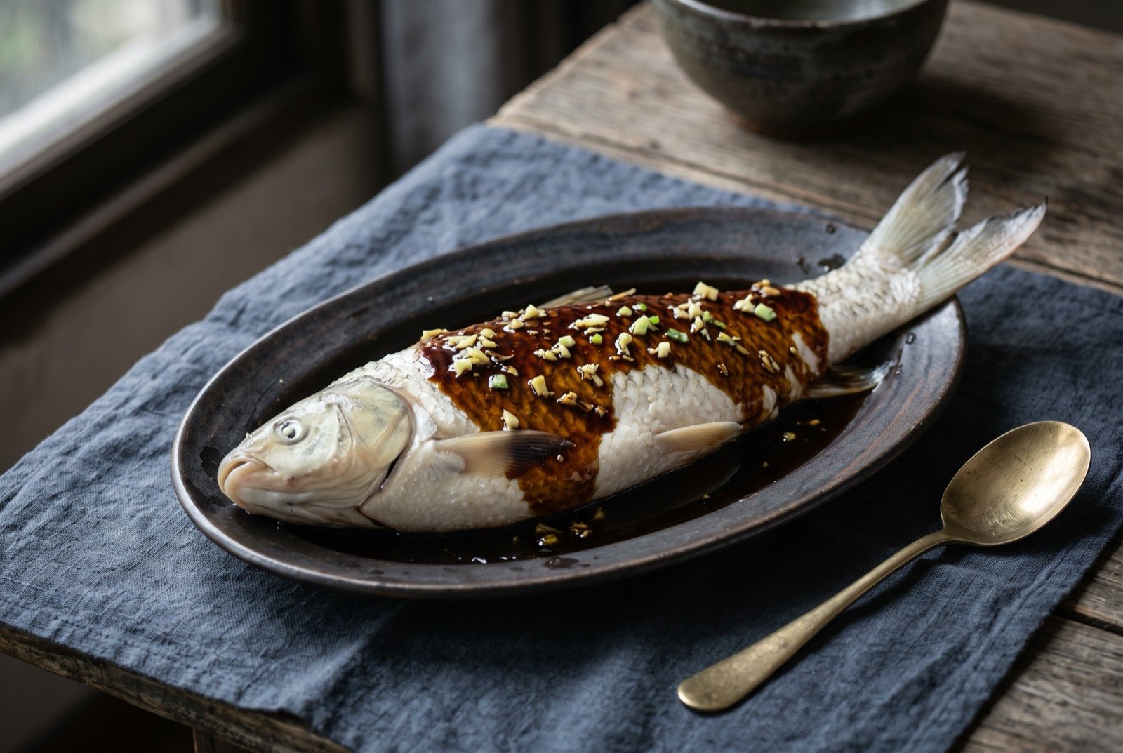 Xihu cuyu, West Lake vinegar fish, a pale poached fish under a dark sweet-sour sauce poured at the table: a whole pale, gently poached fish laid on an oval plate, a dark glossy vinegar sauce pooled thickly over the centre of its body while the tail and head remain pale and sauce-free.