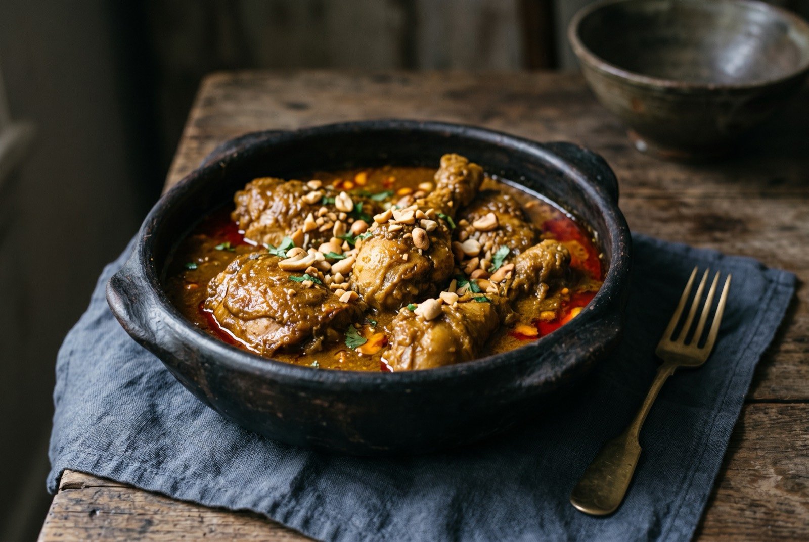 Xinxim de galinha, chicken in a dried shrimp and peanut sauce: bone in chicken pieces sitting in a thick, deep gold brown sauce, glossy and clinging rather than thin, in a dark clay pot.