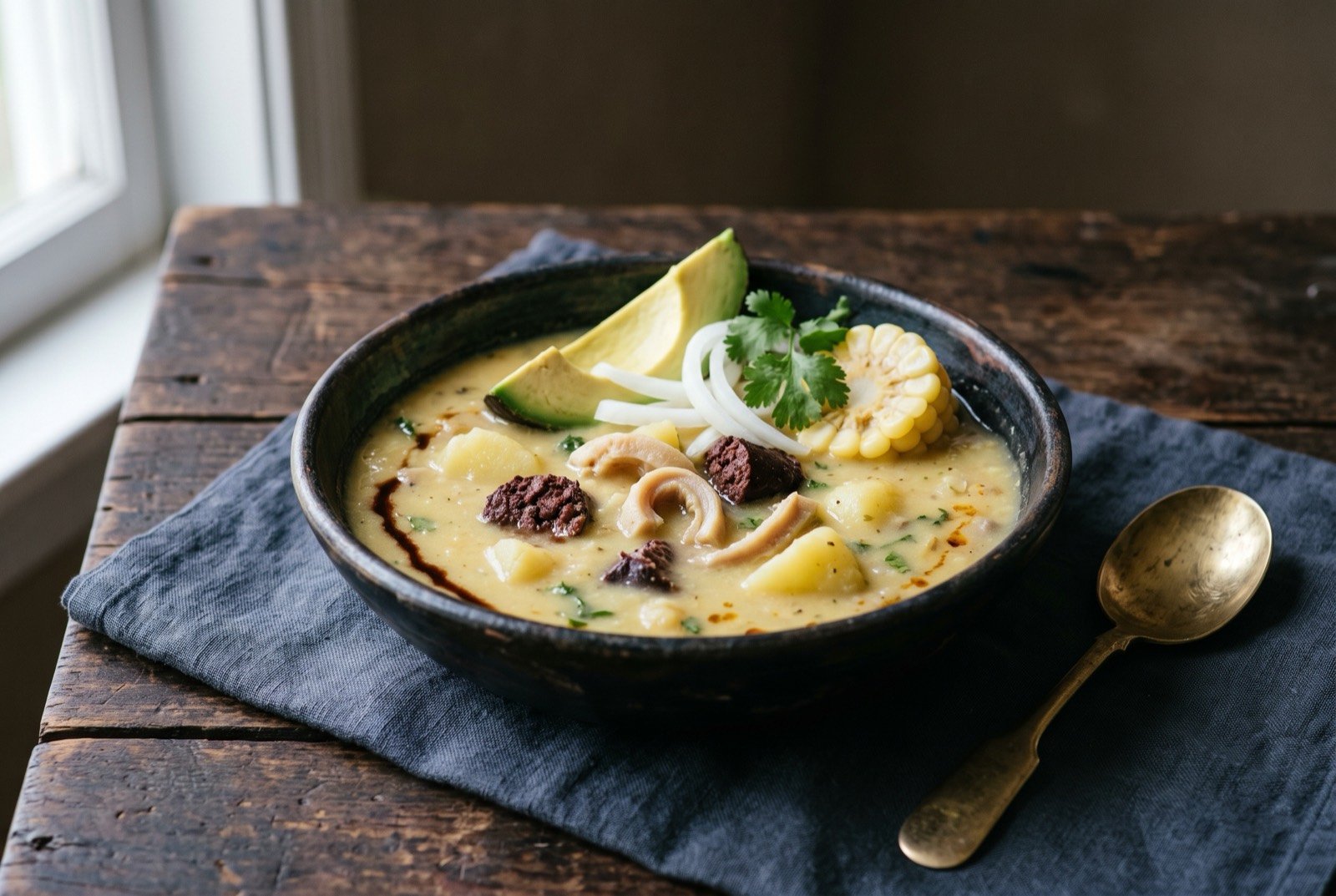 Yaguarlocro, a potato soup with blood sausage and tripe: a deep bowl of pale potato soup, dark reddish brown pieces of set blood and pale curls of tripe resting just beneath the creamy surface.