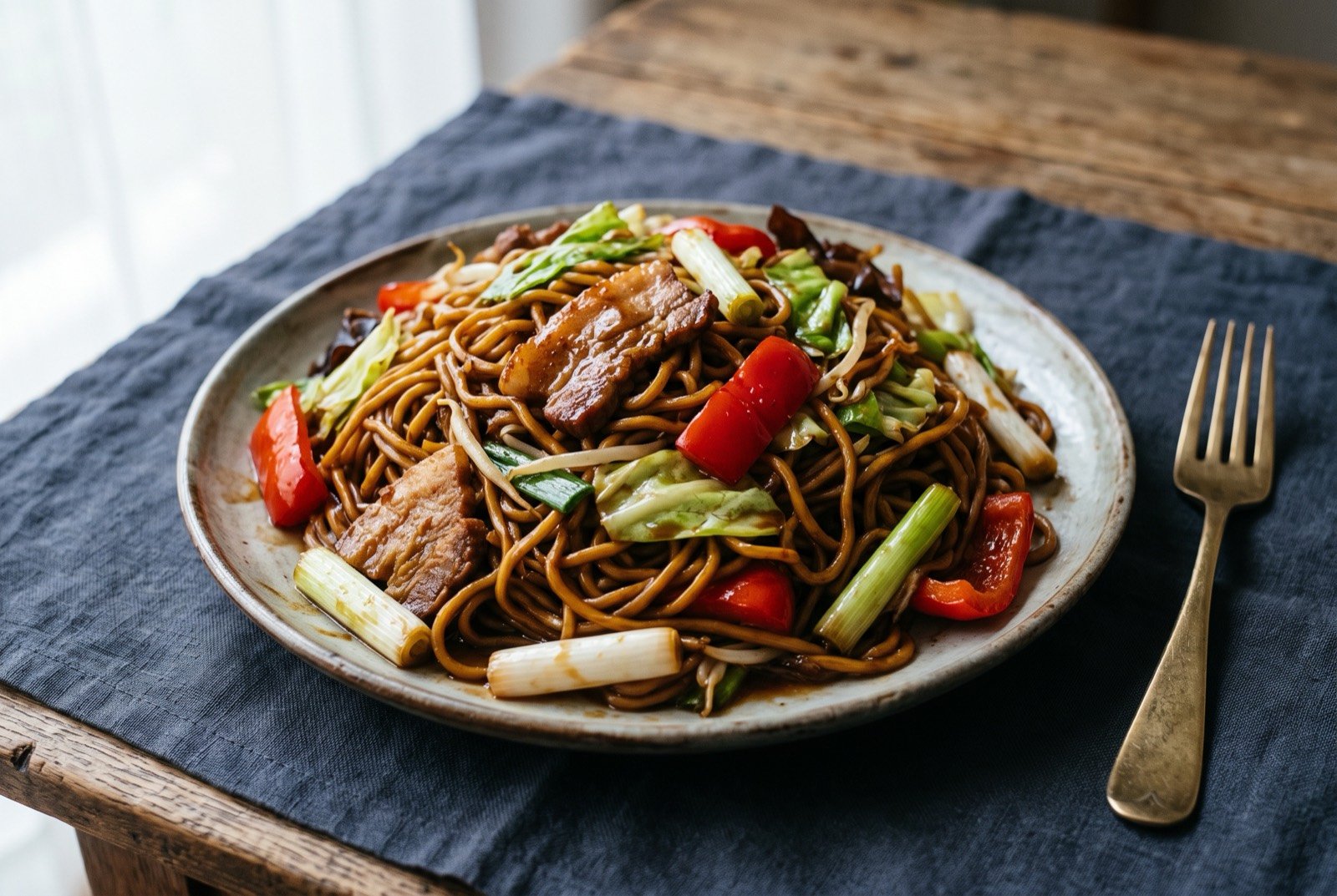 Yakisoba paulistano, ankake sauced fried noodles: a heaped plate of glossy dark brown stir-fried noodles bound in a thick clinging sauce, tangled with large pieces of bright vegetables.