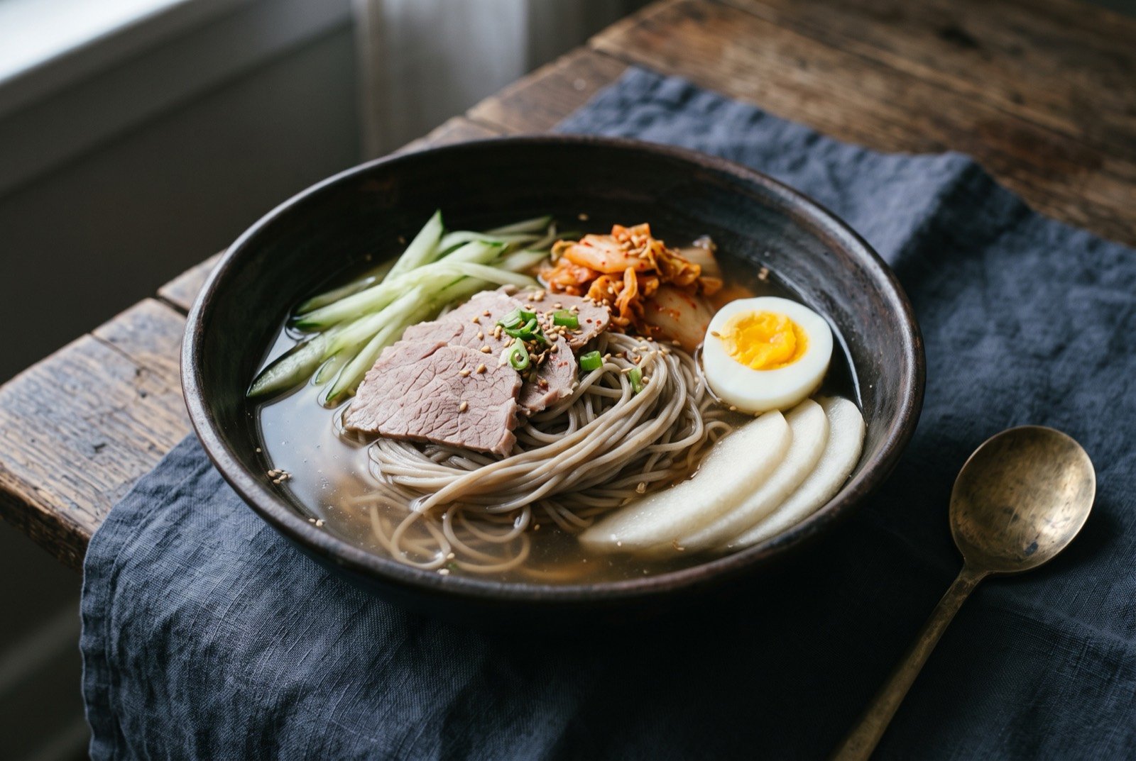 Yanbian lengmian, ice cold buckwheat noodles in a tart beef broth: a wide dark bowl of pale grey brown buckwheat noodles coiled beneath a clear, faintly amber chilled broth, topped with thin slices of pale pink beef.