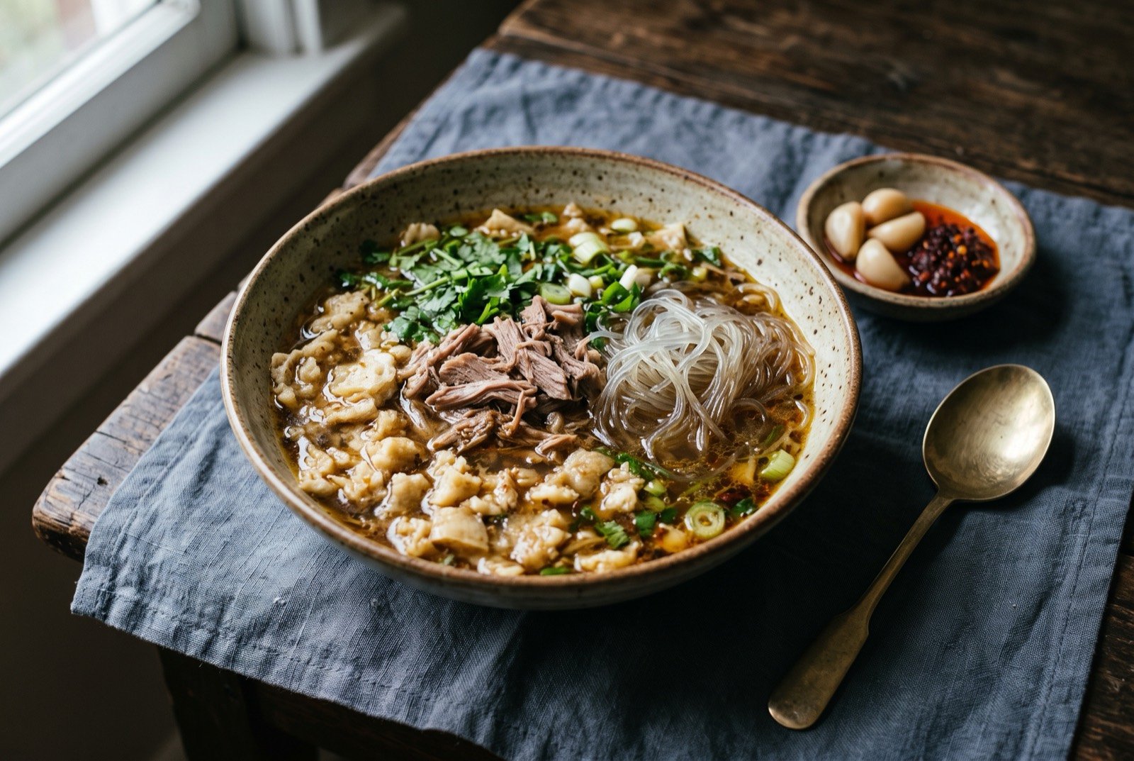 Yangrou paomo, bread torn into lamb soup: small torn pieces of dense flatbread soaking in a rich, cloudy brown lamb broth, a few lamb slices and glass noodles visible among the bread.