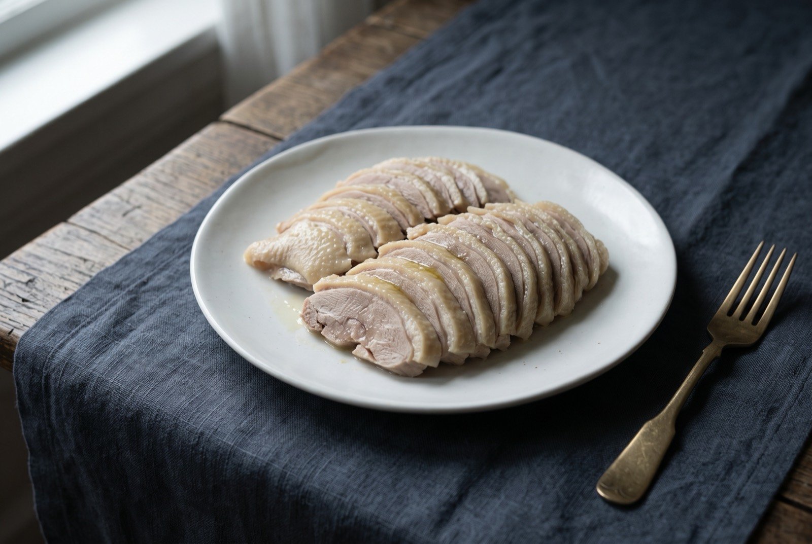Yanshui ya, Nanjing salted duck poached at a bare simmer and served cold: pale, translucent slices of cold poached duck fanned across a plain white plate, the skin a delicate ivory rather than browned.