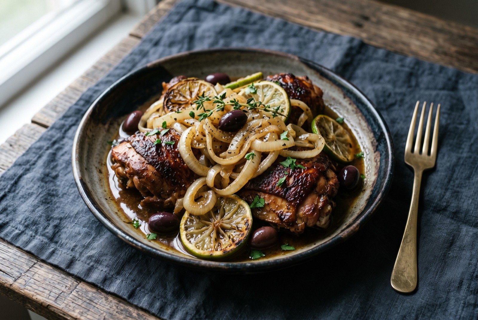 Yassa, chicken braised in lime and caramelised onion: chicken pieces with deeply browned, almost mahogany skin, buried under a thick heap of soft, glossy pale golden caramelised onion rings.