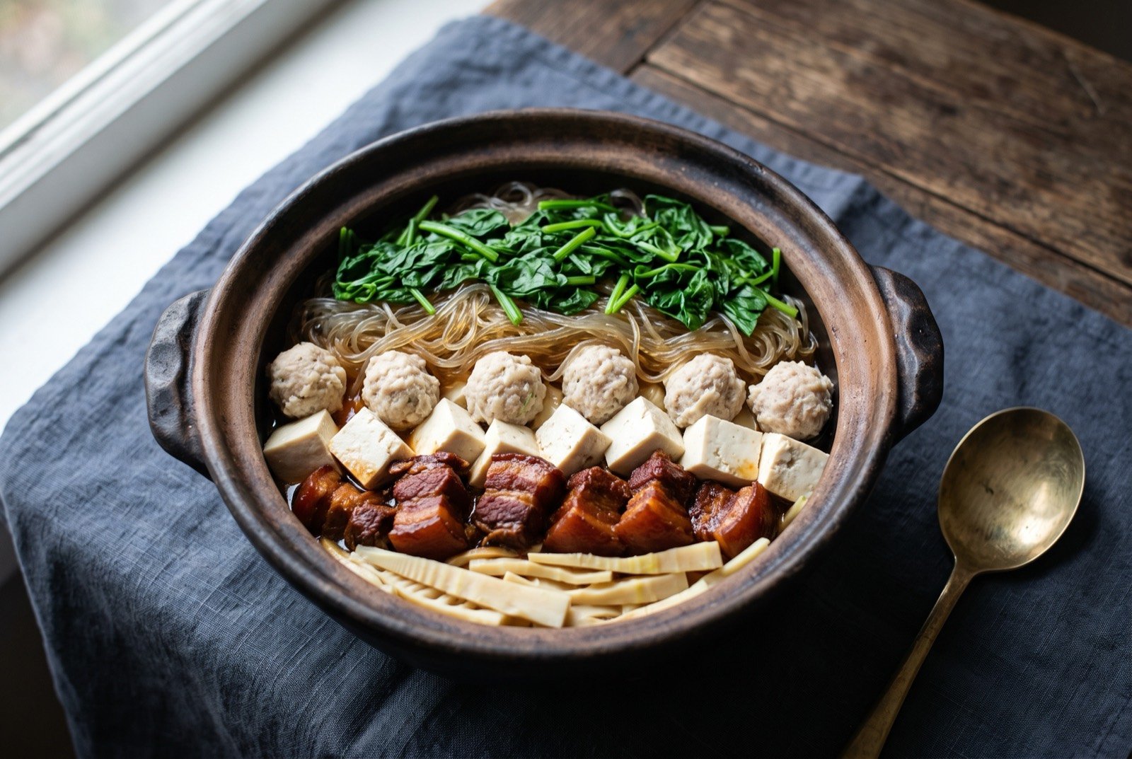 Yipin guo, a layered one-pot banquet hotpot of humble mountain ingredients: a wide dark clay pot seen from above, distinct visible layers, pale bamboo shoots at the base, dark red-braised pork chunks above.