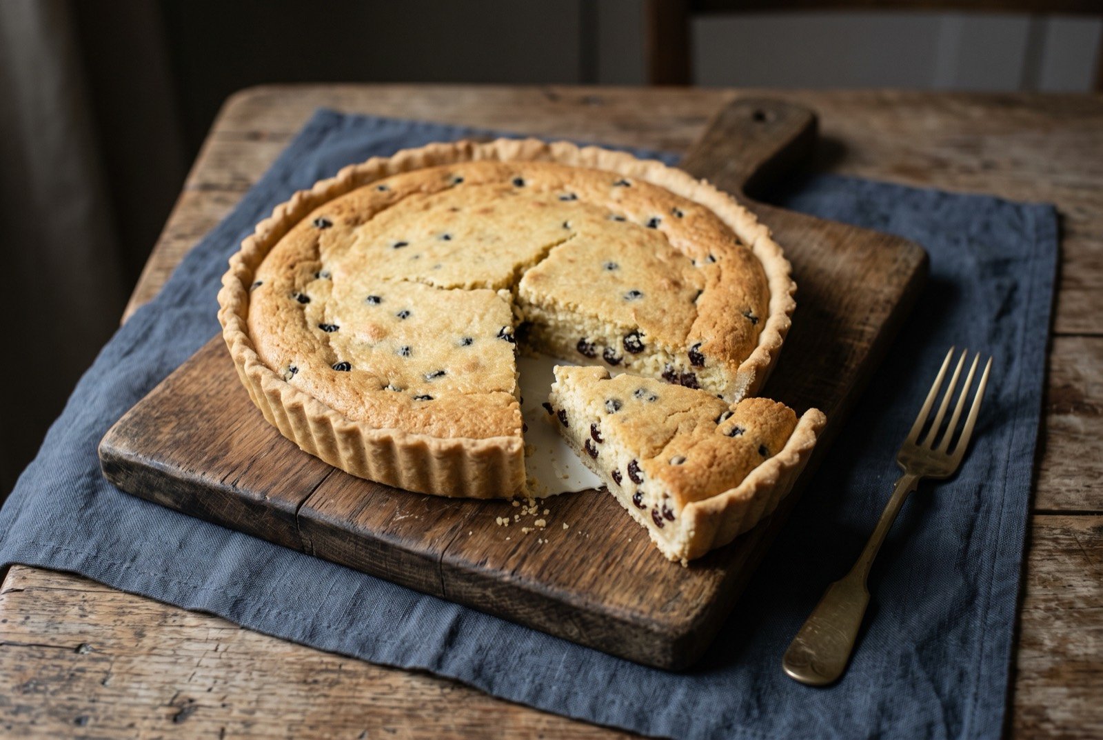 Yorkshire curd tart, Whitsuntide curd and currant tart: a pale golden baked tart in a shortcrust case, its set curd filling speckled with dark currants and lightly domed with a faint crack across the surface.
