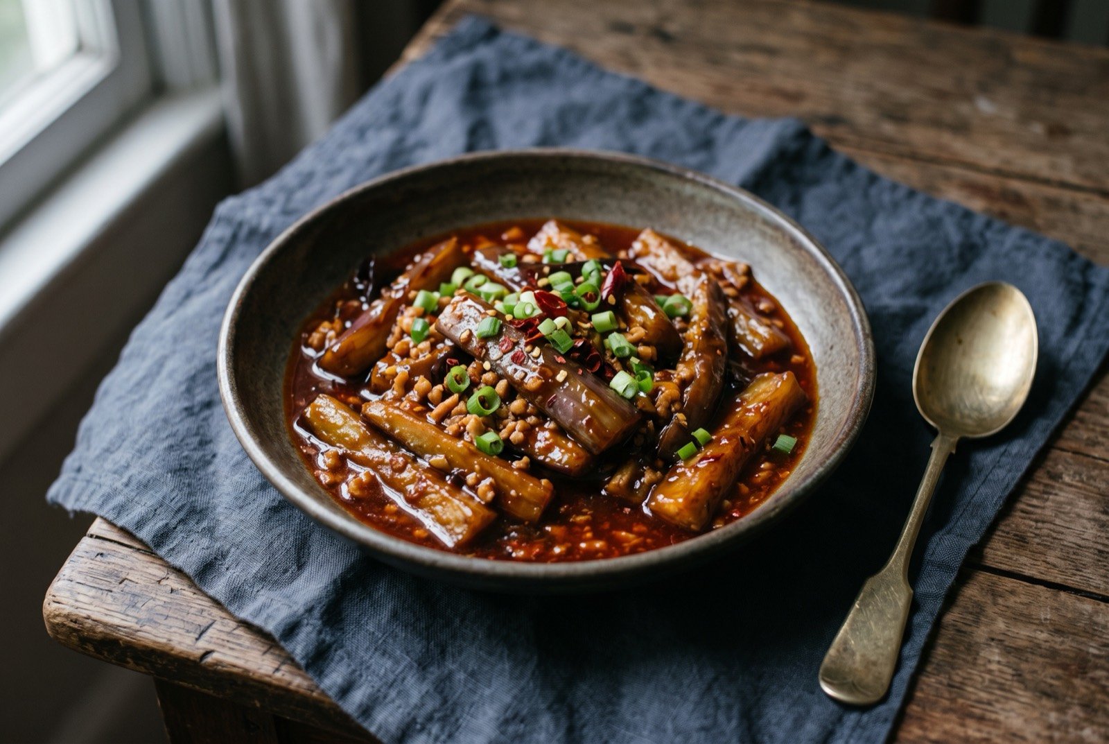 Yuxiang qiezi, fish-fragrant aubergine in a sour-sweet chilli sauce: soft batons of aubergine glazed in a thin, glossy reddish-brown sauce flecked with minced pork, ginger and garlic, scattered with chopped spring onion.