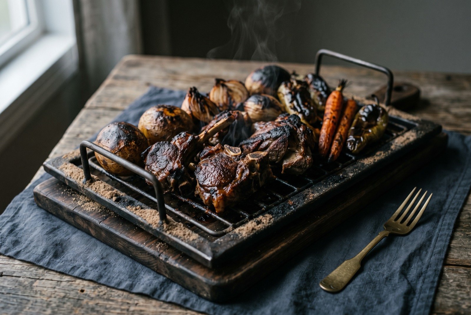 Zarb, Bedouin lamb and vegetables roasted in a sealed sand pit: a metal rack lifted from an earth pit, dark roasted lamb pieces and large charred vegetables still smoking faintly, resting on a dark board with sand still clinging to the rack's edges.
